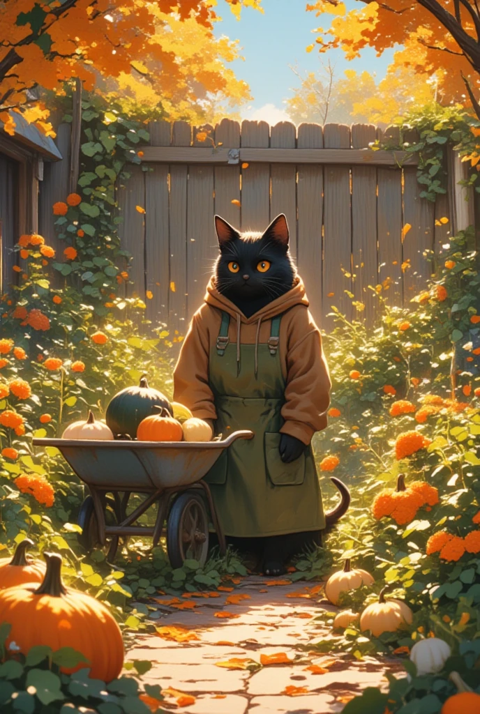 (A large male black cat with a slightly fearsome but overall gentle look) is placed in a scene showcasing the transition of seasons in his garden. Dressed in a snug brown hoodie layered beneath a well-used moss-green apron, he is seated thoughtfully by a patch of late-blooming marigolds, their vibrant oranges and yellows contrasting against the cooling earth. His sharp eyes, reflecting a warm kindness, gaze out over his garden realm as leaves gently fall around him, signaling the arrival of autumn. The garden is alive with both the remnants of summer's growth and the crisp promise of autumn's new foliage. Around him, beds of both flowering plants and vegetables display a robust mix of colors and textures. A wheelbarrow nearby carries the harvest of the season: pumpkins, squashes, and gourds. The air is filled with the musky scent of fallen leaves mingled with the last blossoms of summer. A quaint wooden fence frames this tranquil scene, enhancing the atmosphere's warmth as the shifting sunlight marks the change in seasons.