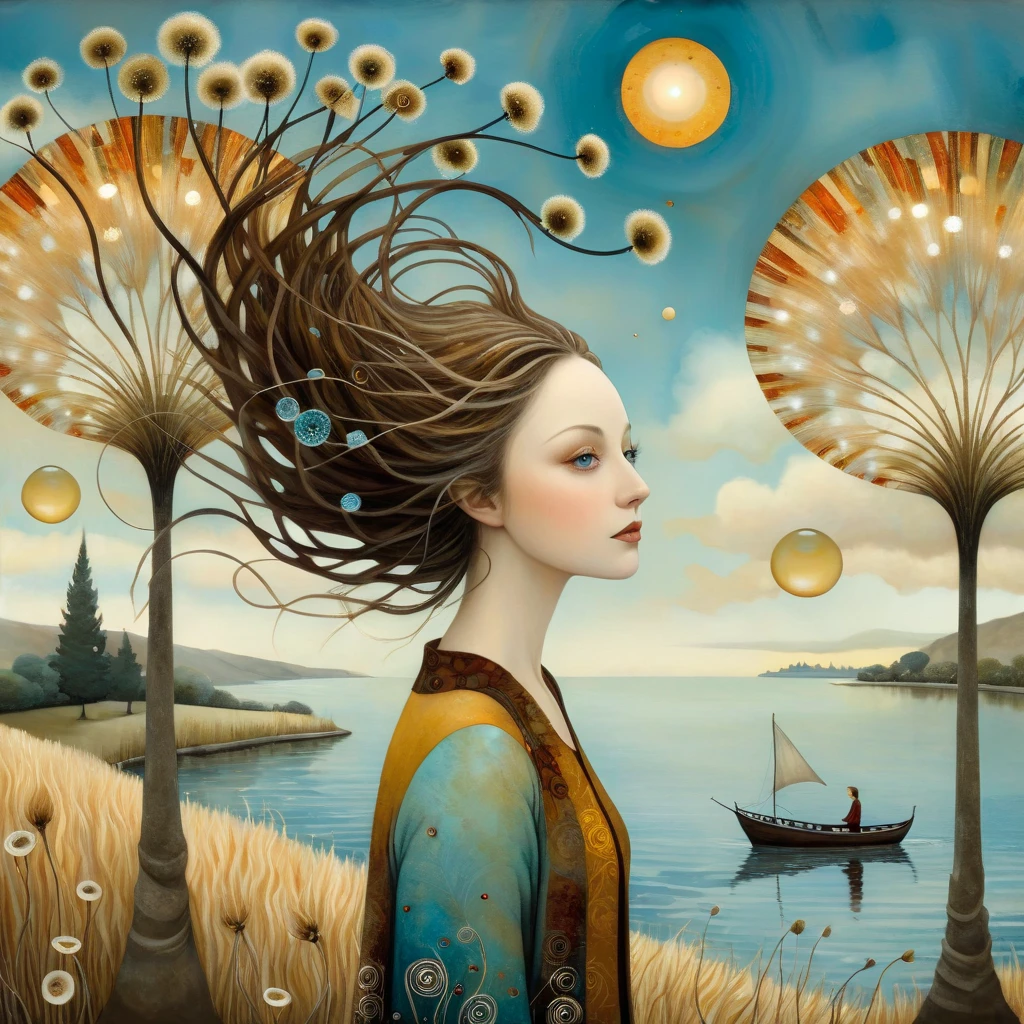 oil and acrylic painting. In the style of Andy Kehoe and Tracy Grimwood, Catrin Welz-Stein, Klimt. Background a tree-lined promenade on the waterfront. wide shot of a young woman, soft, sky-blue eyes, with light brown hair, walks by and lets the wind tousle her hair. Twisted trees, branches are transparent blown glass expanding skyward in ellipses. Dandelion blossoms, poppies, pampas grass, cherry blossoms, dried flowers bloom. Disc-shaped polychrome sun buds with marbled spirals, sunbeams like strands of coral, vitrified ambers. Warm colors, ochre yellows, browns, shades of blue, reds.
