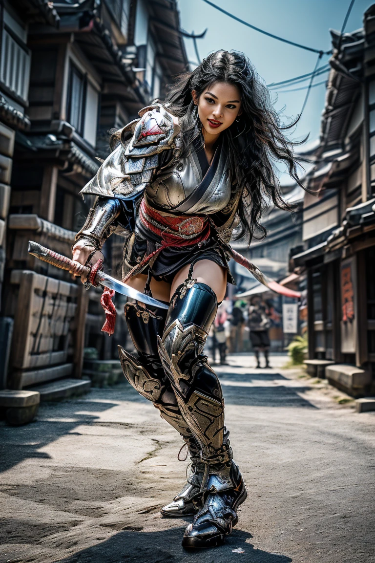  a sexy mature female character wearing armor as a Assassin from the sengoku period 、((mature Assassin female with a sharp Japanese sword:1.3, Fight:1.2)), beautiful and aesthetic, cute and sexy beauty, perfect style:1.2,((ties up long black hair hair))、((onyx black hair))、((toned body))、(glistening skin)、((beautiful breasts 1.3))、 plump breasts 、 plump thighs 、( A sexy female character wearing a black and red kimono armor )、(embarrassing smile, The expression on your face when you feel intense caress, Facial expression when feeling pleasure), (Wearing a  Sengoku uniform:1.1, ),  Super high resolution and realistic touch 、 ((dynamic fighting pose))、((dynamic pose))、 Strong yet elegant atmosphere ,A dynamic pose is depicted in detail、、Take a pose in the streets of the Sengoku period