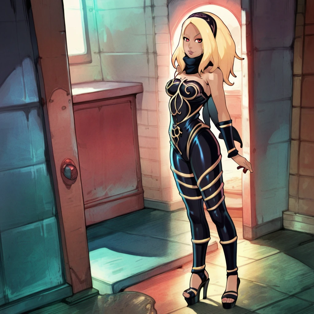 score_9, score_8_up, score_7_up, score_6_up, score_5_up, score_4_up, source_anime, cowboy shot, arms at sides, looking at viewer, zero gravity, 
 kat \(gravity rush\), katoutfit, blonde hair, black headband, long hair, sidelocks, red eyes, black scarf, bodysuit, detached sleeves,reiq,wearing open toe platform heels 