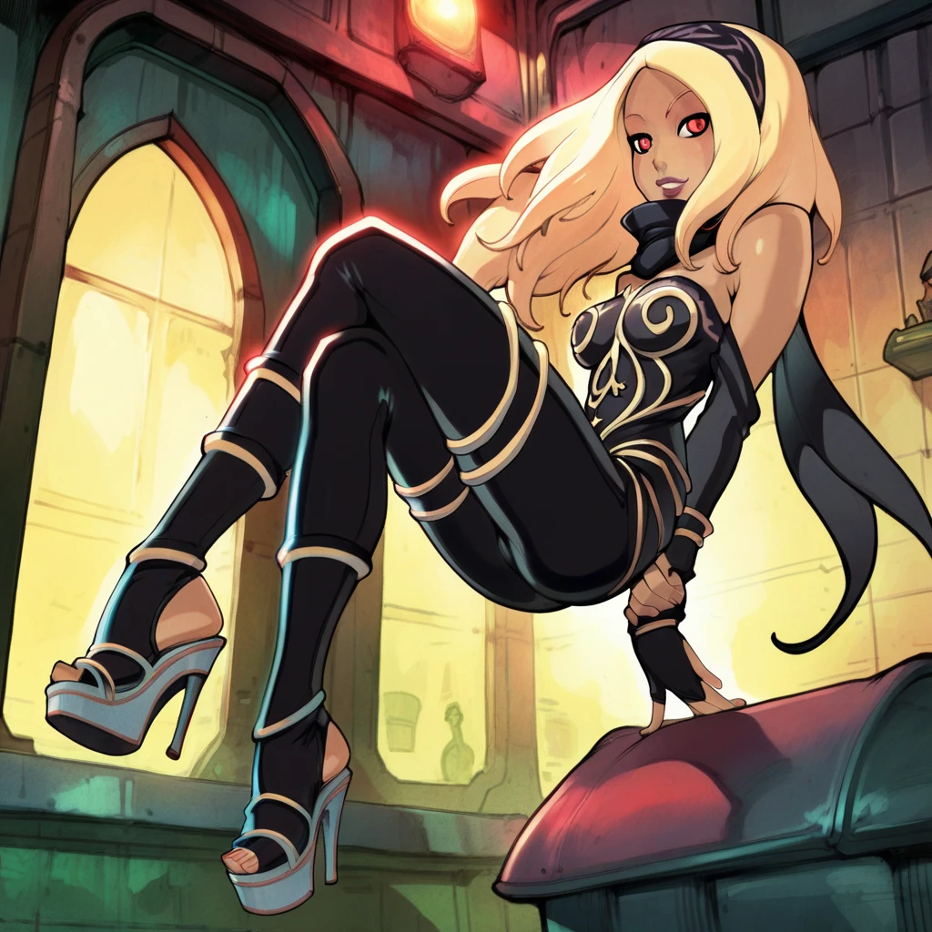 score_9, score_8_up, score_7_up, score_6_up, score_5_up, score_4_up, source_anime, , zero gravity, 
 kat \(gravity rush\), katoutfit, blonde hair, black headband, long hair, sidelocks, red eyes, black scarf, bodysuit, detached sleeves,reiq,wearing open toe platform heels 