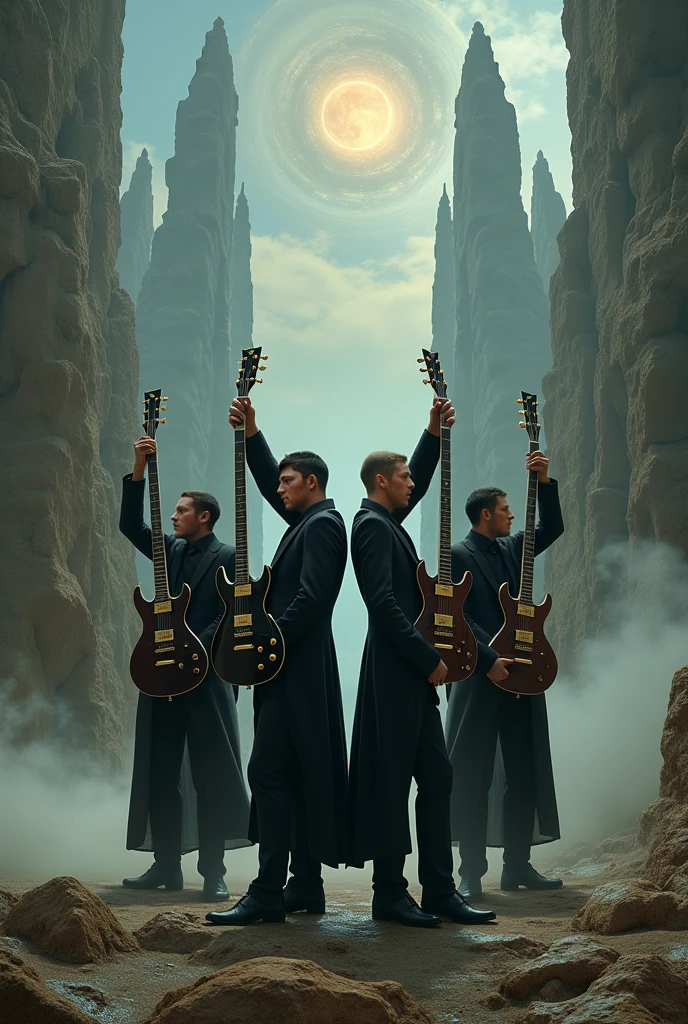 4 people with , with black suits,  guitars in a mythological landscape