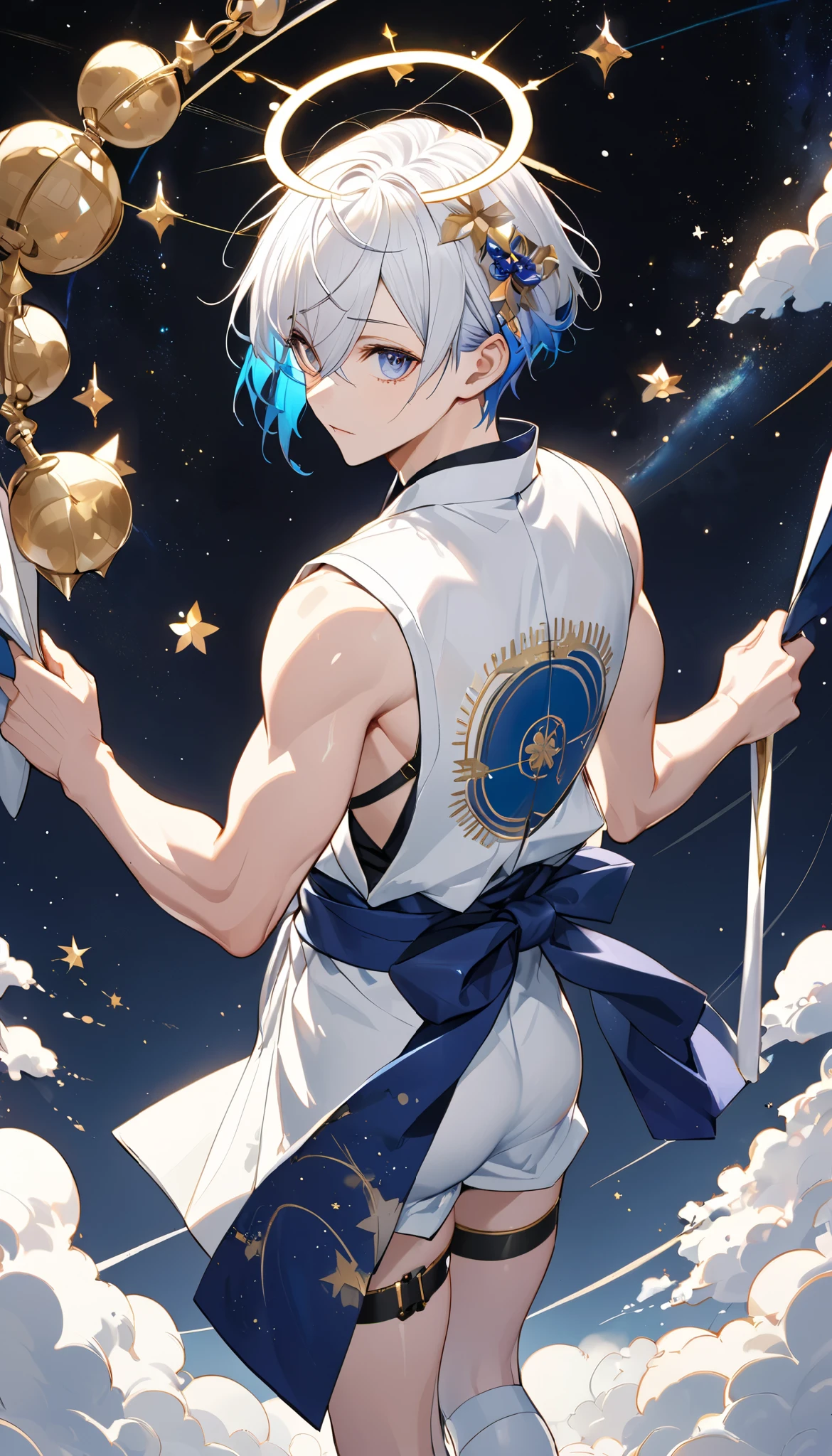 Fresh illustration,
Ultra-fine drawing,
Very delicate illustration,
Very fine details,
One boy,
Full body,
Standing motionless,
Both arms slightly bald,
Height 158cm,
Fair skin,
Right eye is purple,
Left eye is blue,
Odd eyes,
Heterochromie iris,
Beautiful eyes,
Large black pupils,
Short hair,
Blue roots and white hair elsewhere,
Hair with a gradient,
Shiny hair,
Cute face,
Pretty face,
A shining angel halo on the back of the head,
Raised eyebrows,
Upper body in kimono,
Upper body in traditional Japanese clothing,
Masculine build,
Six pack,
Very small breasts,
No breasts,
Lower body in Chinese dress,
Black obi,
Overall white clothes,
Tastefully embroidered with gold thread ,
Clothes with a high-quality texture,
Jock straps,
Thigh straps,
Thigh straps digging into the skin,
White long boots,
Japanese-style toes,
Number of fingers and toes: 5,
Thin waist,
Thin legs,
Isometric,
Golden ratio,
Divine atmosphere,
Wearing an indigo-colored stand-up collared inner,
Outer space,
Galaxy,
Countless small stars,
Tactical use of shadows,
Hairbands on head and hair do not extend beyond the frame,
Clothes do not extend beyond the frame,