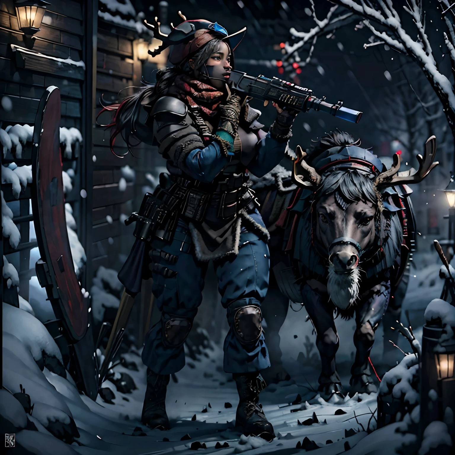 best quality,ultra-detailed,portrait, Teyonah Parris mixed with Joaquina Kalukango holding shoulder mounted rocket launcher, big woman, 300lbs, strong thighs, woolly braided hair, very dark skin, (reindeer antler hat) dark tactical uniform, ballistic vest, beautiful detailed lips, scarf, detailed long woolly braided hair, winter coat, cold snowy atmosphere, blood in the snow, frosty landscape, dark winter night, snowy ground, steely expression, crisp, high contrast, cool color tones,dramatic lighting, highly detailed, cinematic lighting, dramatic pose, hyper-realistic, 8k, masterpiece, full body