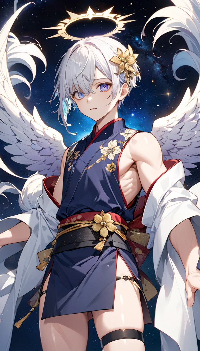 Fresh illustration,
Ultra-fine drawing,
Very delicate illustration,
Very fine details,
One boy,
Full body,
Standing motionless,
Both arms slightly bald,
Height 158cm,
Fair skin,
Right eye is purple,
Left eye is blue,
Odd eyes,
Heterochromie iris,
Beautiful eyes,
Large black pupils,
Short hair,
Blue roots and white hair elsewhere,
Hair with a gradient,
Shiny hair,
Cute face,
Pretty face,
A shining angel halo on the back of the head,
Raised eyebrows,
Upper body in kimono,
Upper body in traditional Japanese clothing,
Masculine build,
Six pack,
Very small breasts,
No breasts,
Lower body in Chinese dress,
Black obi,
Overall white clothes,
Tastefully embroidered with gold thread ,
Clothes with a high-quality texture,
Jock straps,
Thigh straps,
Thigh straps digging into the skin,
White long boots,
Japanese-style toes,
Number of fingers and toes: 5,
Thin waist,
Thin legs,
Isometric,
Golden ratio,
Divine atmosphere,
Wearing an indigo-colored stand-up collared inner,
Outer space,
Galaxy,
Countless small stars,
Tactical use of shadows,
Hairbands on head and hair do not extend beyond the frame,
Clothes do not extend beyond the frame,