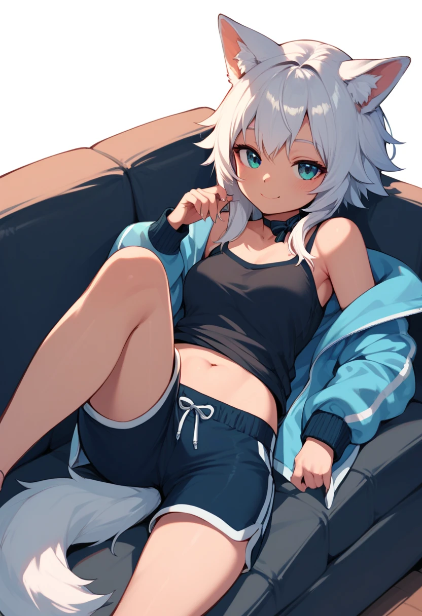 A Lolizinha girl ,  lying on the couch with dog ears and tail, dressed in short sleep shorts .((   ))