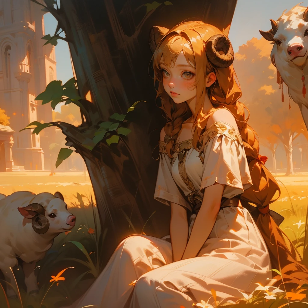 1 girl, a beautiful girl with blonde pigtail braids, brown eyes, white sheep ear on her head,white dress, sitting in a field of green grass at dusk, warm orange lighting, oil painting, fantasy illustration, concept art, vibrant colors