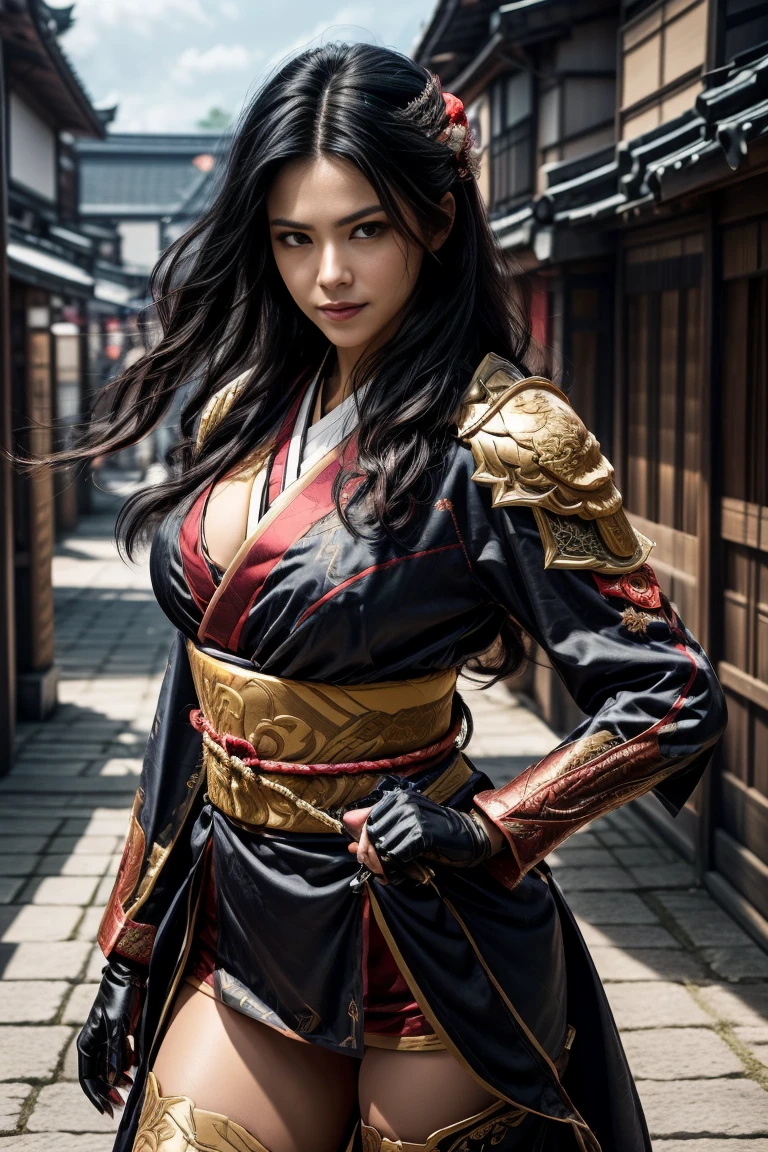  a sexy mature female character wearing armor as a Assassin from the sengoku period 、((mature Assassin female with a sharp Japanese sword:1.3, Fight:1.2)), beautiful and aesthetic, cute and sexy beauty, perfect style:1.2,((ties up long black hair hair))、((onyx black hair))、((toned body))、(glistening skin)、((beautiful breasts 1.3))、 plump breasts 、 plump thighs 、( A sexy female character wearing a black and red kimono armor )、(embarrassing smile, The expression on your face when you feel intense caress, Facial expression when feeling pleasure), (Wearing a  Sengoku uniform:1.1, ),  Super high resolution and realistic touch 、 ((dynamic fighting pose))、((dynamic pose))、 Strong yet elegant atmosphere ,A dynamic pose is depicted in detail、、Take a pose in the streets of the Sengoku period