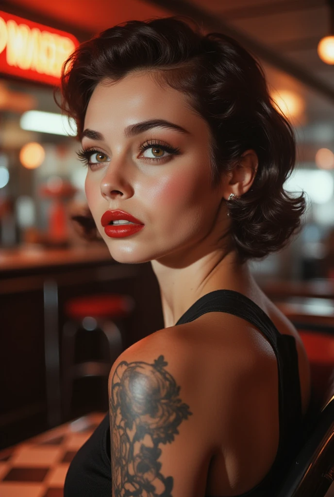 magazine photograph, beautiful rockabilly woman with tattoos, vintage, retro, 1950s diner