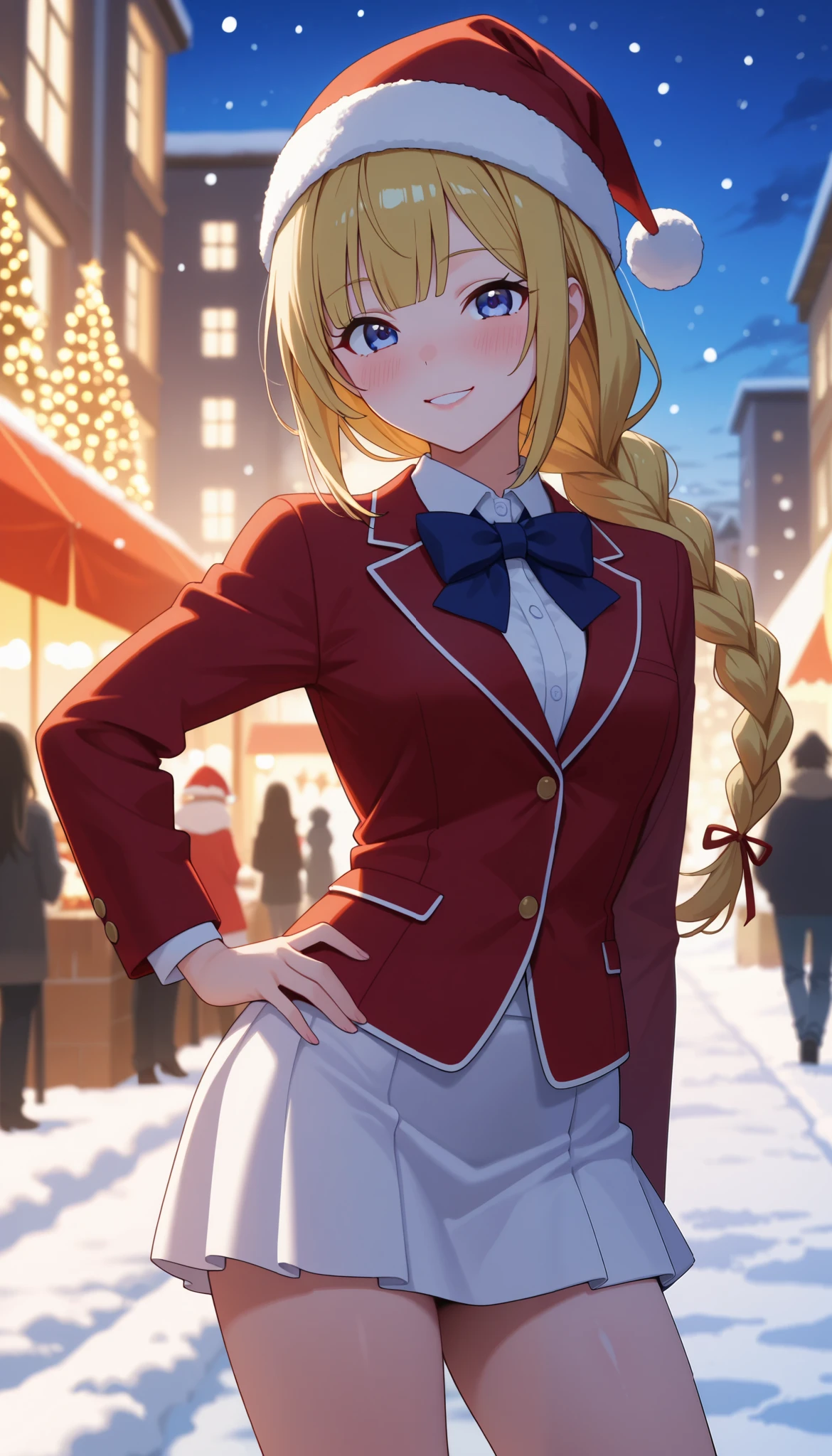 masterpiece, best quality, highres, yellow hair,ponytail hair, (single braid:1.2), hair ribbon, red blazer,buttoned blazer, blue bowtie, long sleeves, white skirt,santa hat ,smile, winter festival city, outdoor, standing , cowboy shot ,smile ,glossy lips ,blushing ,model posing, 