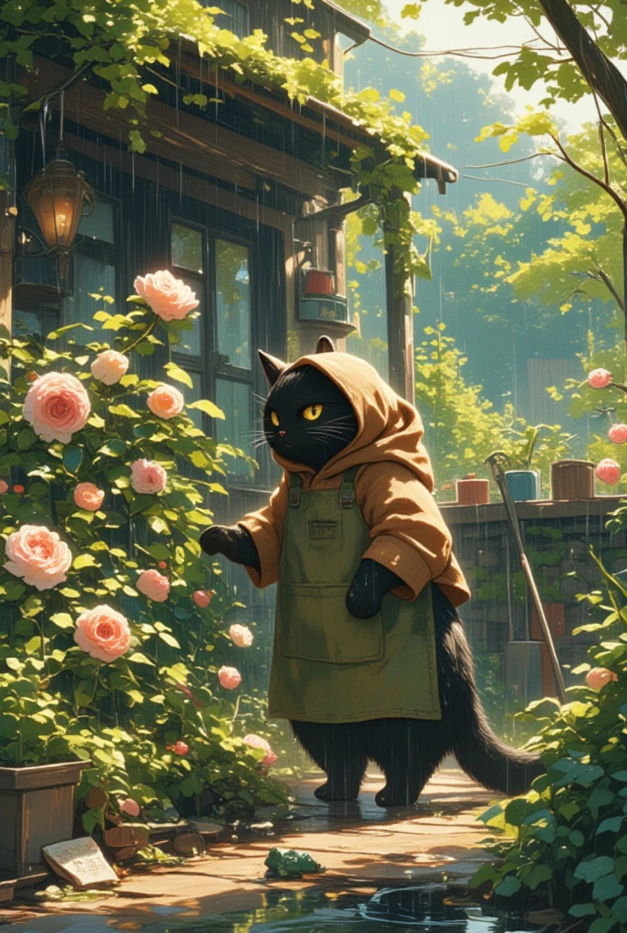 (A large male black cat with a slightly menacing yet gentle appearance) is depicted tending to a vibrant garden. He wears a cozy brown hoodie under a thick, moss-green apron that shows signs of frequent use, with dirt stains and fading patches. His sharp, piercing eyes, which convey a sense of wisdom and warmth, survey the flourishing scene before him. The garden is a verdant oasis, teeming with colorful flowers that sway gently in the breeze and tall sunflowers that tower over the cat, casting playful shadows. A rustic wooden barrel filled with fresh rainwater stands to the side, reflecting rippling sunlight. Scattered around are terracotta pots containing various herbs, and the earth is rich with healthy, dark soil. Wisps of lavender scent the air, mingling with the fresh aroma of mint and rosemary. Nearby, a stone path winds through the garden, leading to a quaint, weathered bench under a sprawling oak tree, its leaves whispering secrets of the seasons past. The setting sun casts a warm, golden hue over the scene, creating an atmosphere of serene tranquility.