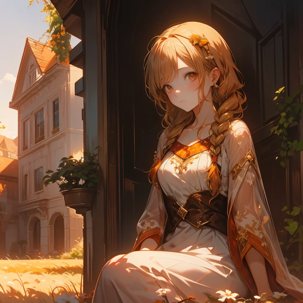 1 girl, a beautiful girl with blonde pigtail braids, brown eyes, white sheep ear on her head,white dress, sitting in a field of green grass at dusk, warm orange lighting, oil painting, fantasy illustration, concept art, vibrant colors