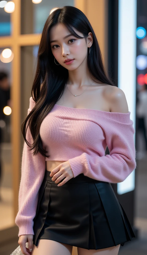 Ultra realistic photography of Korean female model with oiled porcelain skin with big breast, with very long wavy black hair. toned abs, She has facial aesthetic of kpop singer NingNing from Aespa. The woman's skin has a natural texture and visible pores.  Golden hazel iris, The depth of field is shallow. Detailed facial features, extremely detailed body, Extremely detailed skin, extremely detailed eyes, highly detailed, Clear Focus, Smooth,  
a modern city backdrop at night. She wears a pastel pink,
off-shoulder knit sweater paired with a high-waisted, pleated black skirt, creating a chic and feminine look. Her outfit is accentuated by sheer black tights and platform leather ankle boots, adding a bold edge to her ensemble. She carries a delicate chain strap purse over her shoulder and a transparent umbrella with decorative accents in her hand. Her long black hair falls naturally, and she gazes with a soft expression. The urban environment is subtly reflected in the glass behind her, emphasizing the contemporary setting.
vibrant atmosphere, real scene, natural style, high detail, proper human anatomy, camelnoes crutch, thigh gap, Camera Canon EOS 5D Mark IV, Not NSFW , lean forward pose, squat pose, sumo pose,    