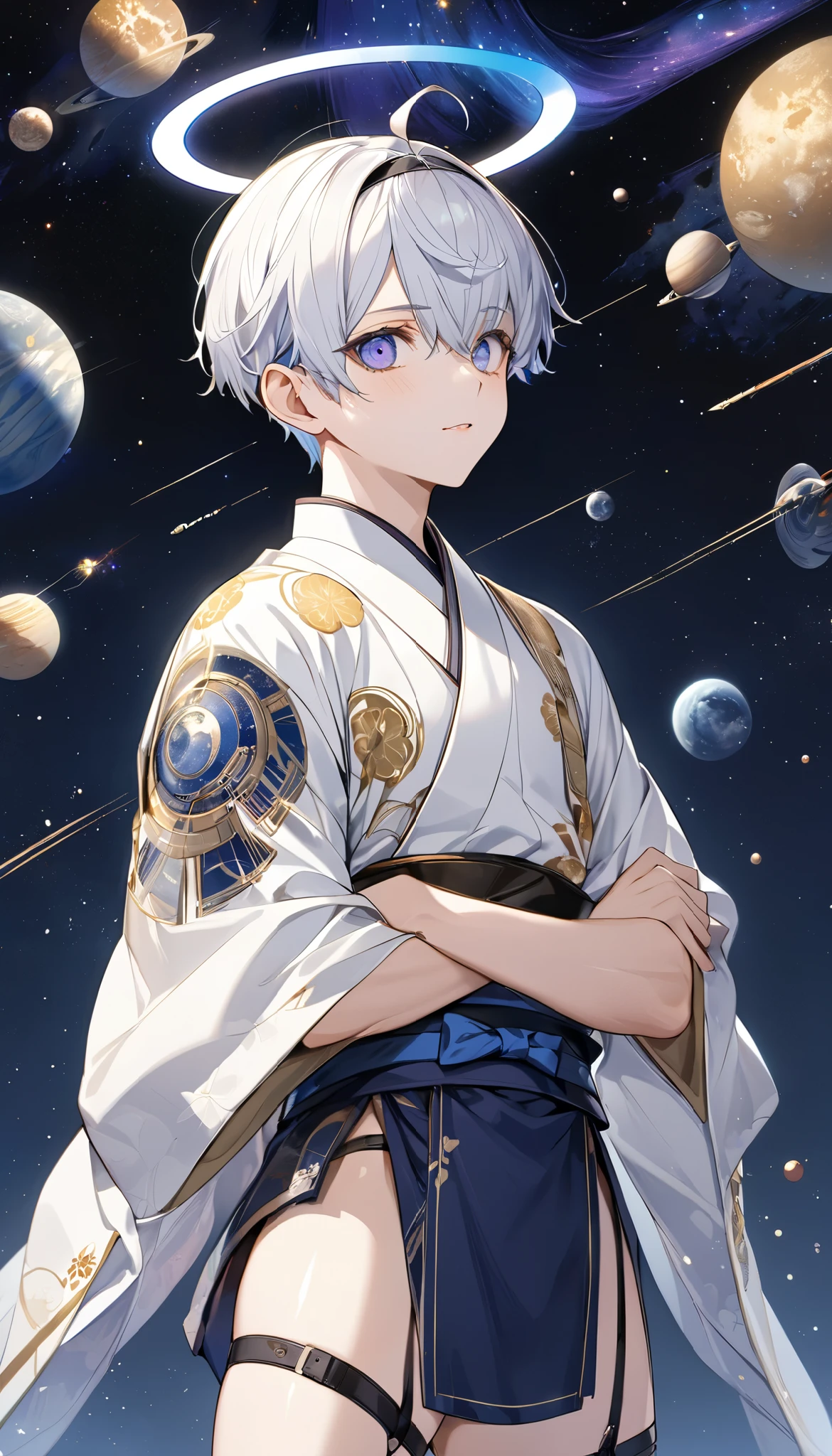 Fresh illustration,
Ultra-fine drawing,
Very delicate illustration,
Very fine details,
One boy,
Full body,
Standing motionless,
Both arms slightly bald,
Height 158cm,
Fair skin,
Right eye is purple,
Left eye is blue,
Odd eyes,
Heterochromie iris,
Beautiful eyes,
Large black pupils,
Short hair,
Blue roots and white hair elsewhere,
Hair with a gradient,
Shiny hair,
Cute face,
Pretty face,
A shining angel halo on the back of the head,
Raised eyebrows,
Upper body in kimono,
Upper body in traditional Japanese clothing,
Masculine build,
Six pack,
Very small breasts,
No breasts,
Lower body in Chinese dress,
Black obi,
Overall white clothes,
Tastefully embroidered with gold thread ,
Clothes with a high-quality texture,
Jock straps,
Thigh straps,
Thigh straps digging into the skin,
White long boots,
Japanese-style toes,
Number of fingers and toes: 5,
Thin waist,
Thin legs,
Isometric,
Golden ratio,
Divine atmosphere,
Wearing an indigo-colored stand-up collared inner,
Outer space,
Galaxy,
Countless small stars,
Tactical use of shadows,
Hairbands on head and hair do not extend beyond the frame,
Clothes do not extend beyond the frame,