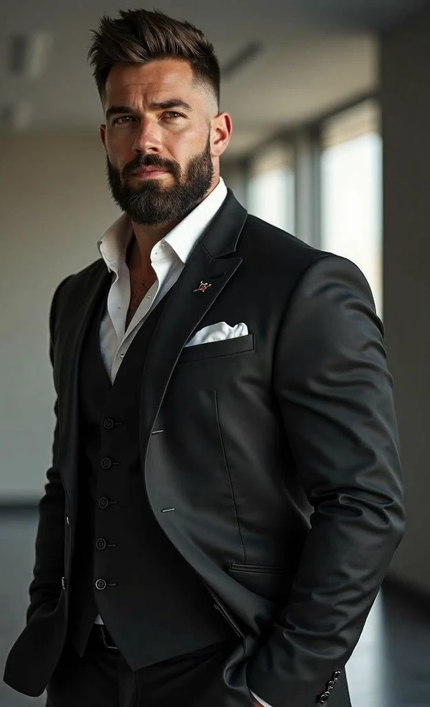 A middle-aged Caucasian male , with short dark hair, green eyes, stubble , Wearing a dark suit without a tie