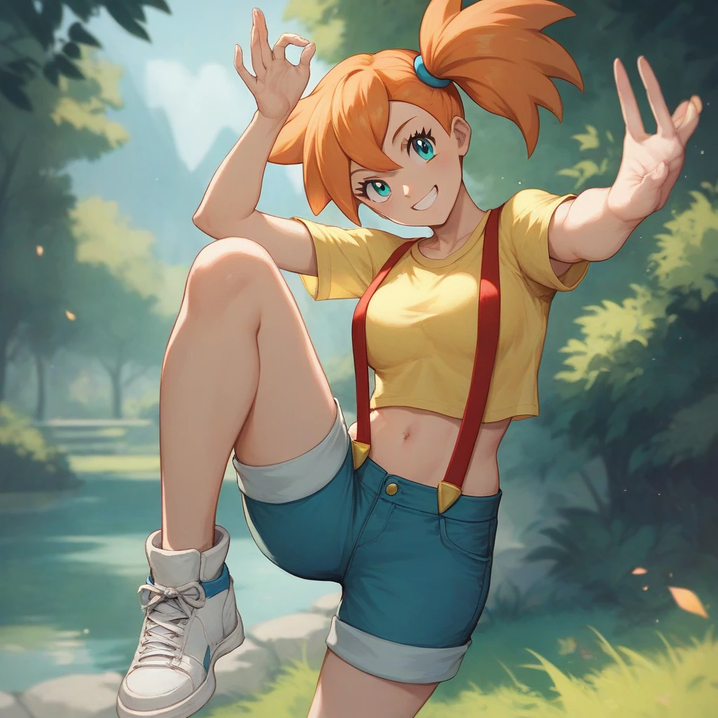 greyscale, manga, 1 (Dressed up \(pokemon\),  orange hair, aqua eyes , side ponytail,  yellow t-shirt ,  Red suspenders , shorts de ganga, white sneakers,  visible navel, smiling,  Sensual Pose,  observing the environment .  Scenario a well-kept forest on a sunny day.