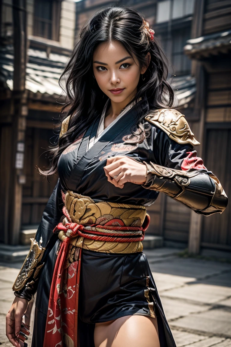  a sexy mature female character wearing armor as a Assassin from the sengoku period 、((mature Assassin female with a sharp Japanese sword:1.3, Fight:1.2)), beautiful and aesthetic, cute and sexy beauty, perfect style:1.2,((ties up long black hair hair))、((onyx black hair))、((toned body))、(glistening skin)、((beautiful breasts 1.3))、 plump breasts 、 plump thighs 、( A sexy female character wearing a black and red kimono armor )、(embarrassing smile, The expression on your face when you feel intense caress, Facial expression when feeling pleasure), (Wearing a  Sengoku uniform:1.1, ),  Super high resolution and realistic touch 、 ((dynamic fighting pose))、((dynamic pose))、 Strong yet elegant atmosphere ,A dynamic pose is depicted in detail、、Take a pose in the streets of the Sengoku period