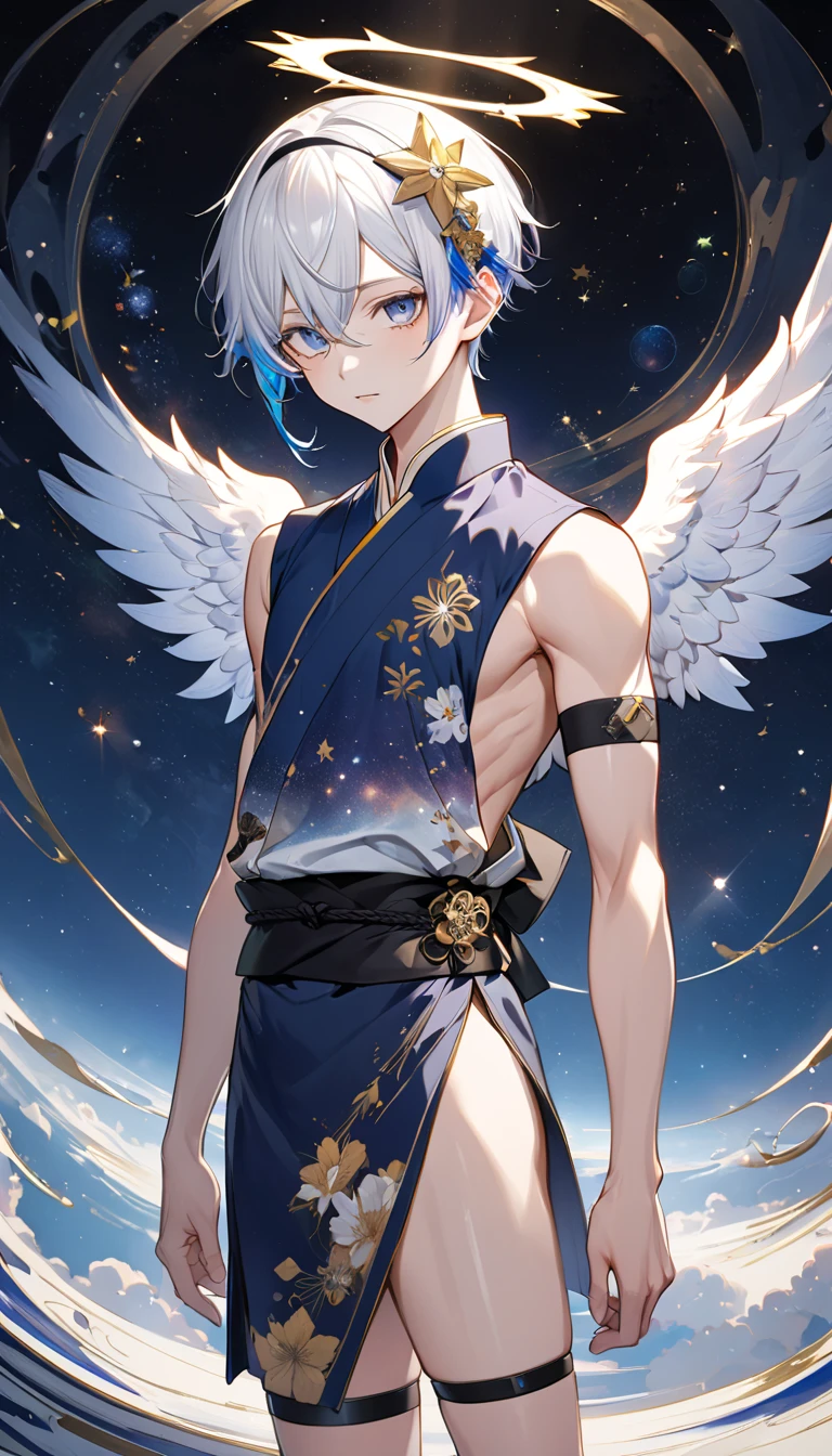 Fresh illustration,
Ultra-fine drawing,
Very delicate illustration,
Very fine details,
One boy,
Full body,
Standing motionless,
Both arms slightly bald,
Height 158cm,
Fair skin,
Right eye is purple,
Left eye is blue,
Odd eyes,
Heterochromie iris,
Beautiful eyes,
Large black pupils,
Short hair,
Blue roots and white hair elsewhere,
Hair with a gradient,
Shiny hair,
Cute face,
Pretty face,
A shining angel halo on the back of the head,
Raised eyebrows,
Upper body in kimono,
Upper body in traditional Japanese clothing,
Masculine build,
Six pack,
Very small breasts,
No breasts,
Lower body in Chinese dress,
Black obi,
Overall white clothes,
Tastefully embroidered with gold thread ,
Clothes with a high-quality texture,
Jock straps,
Thigh straps,
Thigh straps digging into the skin,
White long boots,
Japanese-style toes,
Number of fingers and toes: 5,
Thin waist,
Thin legs,
Isometric,
Golden ratio,
Divine atmosphere,
Wearing an indigo-colored stand-up collared inner,
Outer space,
Galaxy,
Countless small stars,
Tactical use of shadows,
Hairbands on head and hair do not extend beyond the frame,
Clothes do not extend beyond the frame,