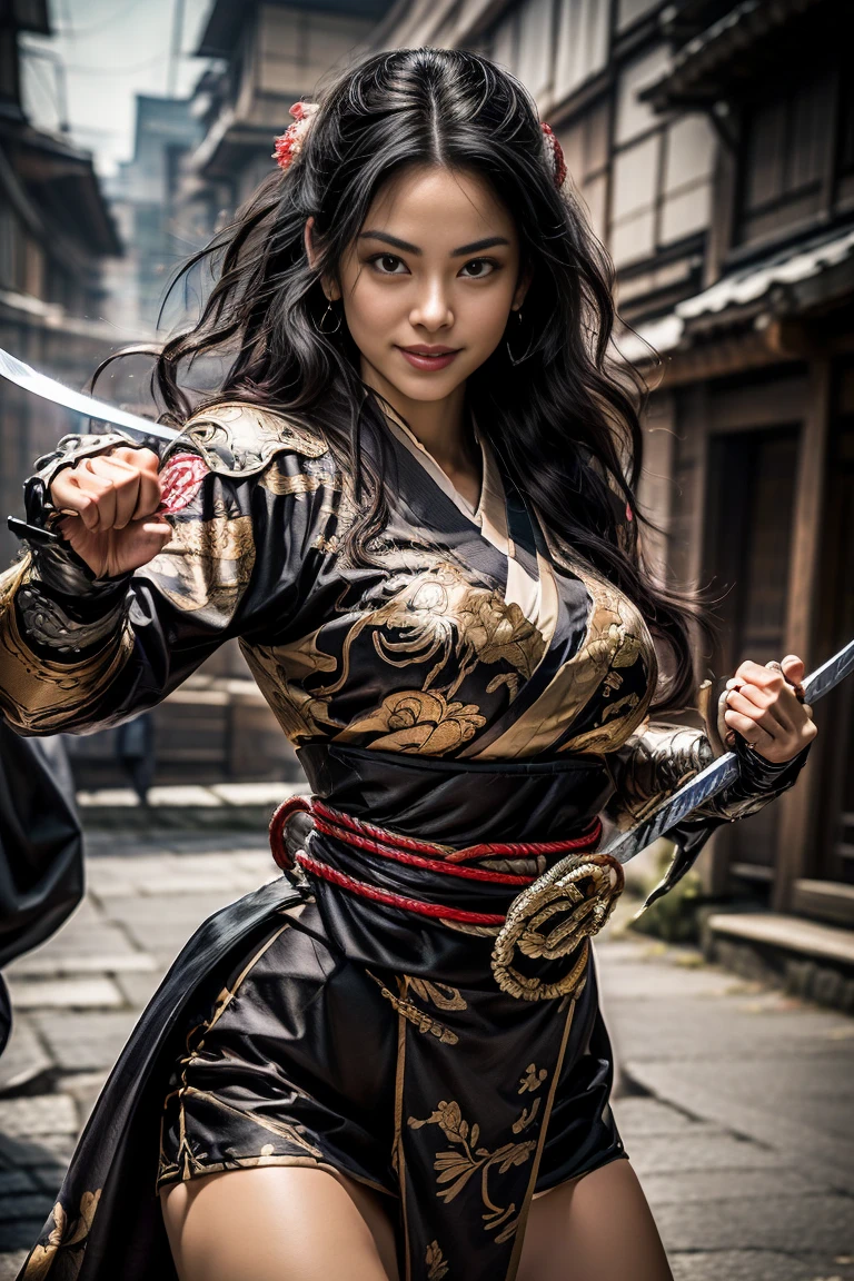  a sexy mature female character wearing armor as a Assassin from the sengoku period 、((mature Assassin female with a sharp Japanese sword:1.3, Fight:1.2)), beautiful and aesthetic, cute and sexy beauty, perfect style:1.2,((ties up long black hair hair))、((onyx black hair))、((toned body))、(glistening skin)、((beautiful breasts 1.3))、 plump breasts 、 plump thighs 、( A sexy female character wearing a black and red kimono armor )、(embarrassing smile, The expression on your face when you feel intense caress, Facial expression when feeling pleasure), (Wearing a  Sengoku uniform:1.1, ),  Super high resolution and realistic touch 、 ((dynamic fighting pose))、((dynamic pose))、 Strong yet elegant atmosphere ,A dynamic pose is depicted in detail、、Take a pose in the streets of the Sengoku period