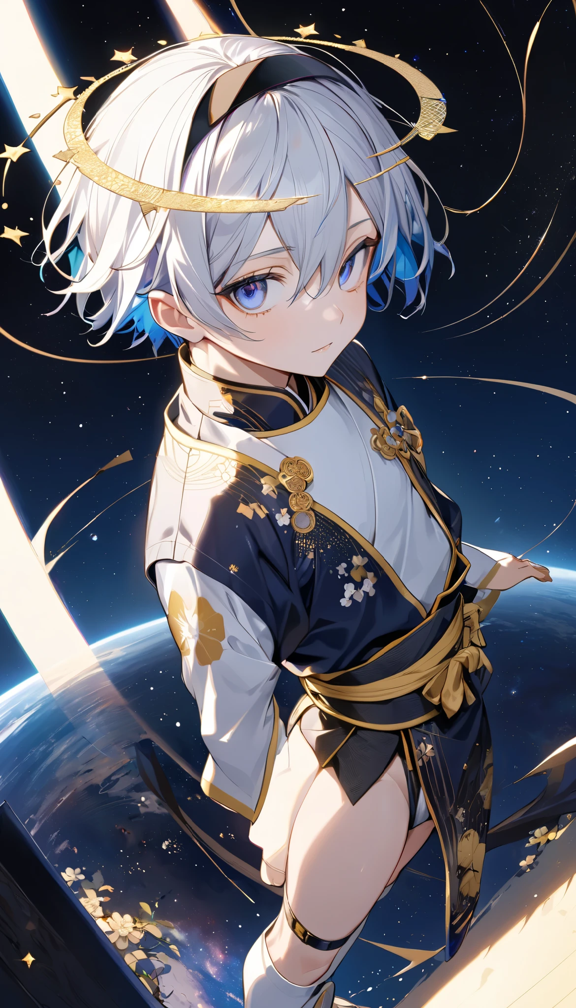 Fresh illustration,
Ultra-fine drawing,
Very delicate illustration,
Very fine details,
One boy,
Full body,
Standing motionless,
Both arms slightly bald,
Height 158cm,
Fair skin,
Right eye is purple,
Left eye is blue,
Odd eyes,
Heterochromie iris,
Beautiful eyes,
Large black pupils,
Short hair,
Blue roots and white hair elsewhere,
Hair with a gradient,
Shiny hair,
Cute face,
Pretty face,
A shining angel halo on the back of the head,
Raised eyebrows,
Upper body in kimono,
Upper body in traditional Japanese clothing,
Masculine build,
Six pack,
Very small breasts,
No breasts,
Lower body in Chinese dress,
Black obi,
Overall white clothes,
Tastefully embroidered with gold thread ,
Clothes with a high-quality texture,
Jock straps,
Thigh straps,
Thigh straps digging into the skin,
White long boots,
Japanese-style toes,
Number of fingers and toes: 5,
Thin waist,
Thin legs,
Isometric,
Golden ratio,
Divine atmosphere,
Wearing an indigo-colored stand-up collared inner,
Outer space,
Galaxy,
Countless small stars,
Tactical use of shadows,
Hairbands on head and hair do not extend beyond the frame,
Clothes do not extend beyond the frame,