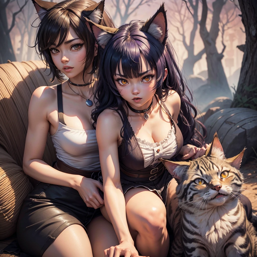 Mature woman, tanned skin, black cat ear, black cat tail, black bob hair, black eyes!!!, she nude. (sitting on a tree branch)