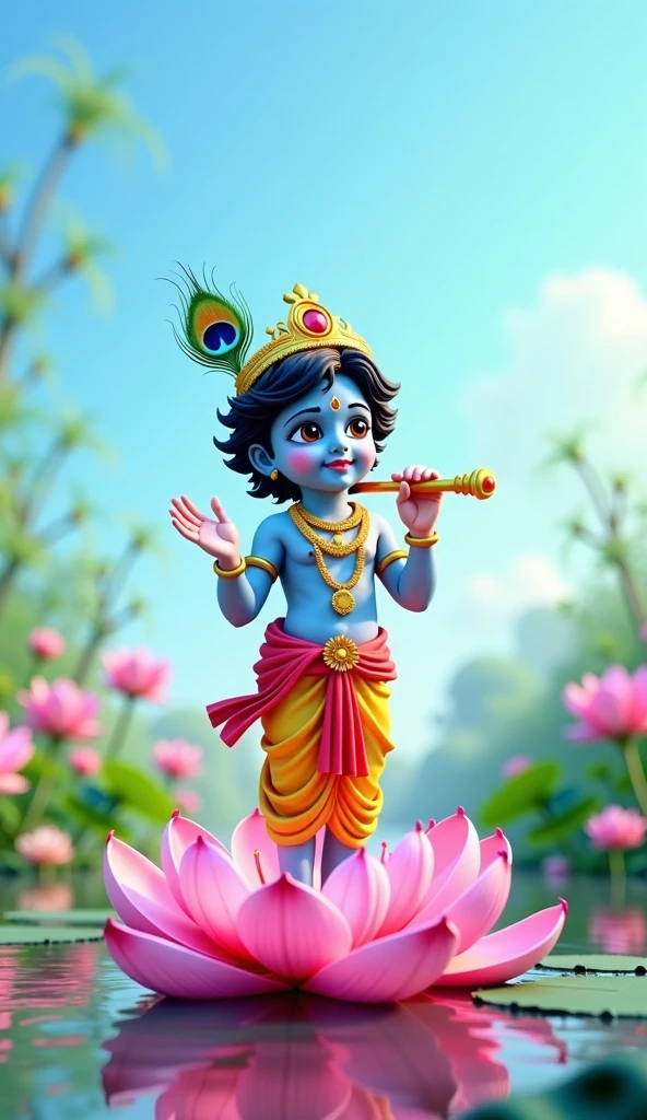 Realistic image of Lord krishna as a 2 year old boy sitting on a pink lotus in a pond, various other pink lotuses seen in the pond, bright blue sky, wearing a golden crown with a peacock feather in it, and holding a flute in his hand , bright and beautiful image, normal human face and normal human eyes, no animated eyes to be seen, create high quality realistic image, beautiful Landscape, eyes facing straight at the camera, image should ultra clear, hyper realistic, high quality 4k