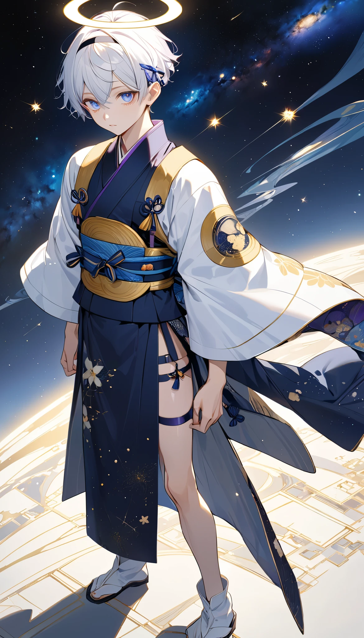 Fresh illustration,
Ultra-fine drawing,
Very delicate illustration,
Very fine details,
One boy,
Full body,
Standing motionless,
Both arms slightly bald,
Height 158cm,
Fair skin,
Right eye is purple,
Left eye is blue,
Odd eyes,
Heterochromie iris,
Beautiful eyes,
Large black pupils,
Short hair,
Blue roots and white hair elsewhere,
Hair with a gradient,
Shiny hair,
Cute face,
Pretty face,
A shining angel halo on the back of the head,
Raised eyebrows,
Upper body in kimono,
Upper body in traditional Japanese clothing,
Masculine build,
Six pack,
Very small breasts,
No breasts,
Lower body in Chinese dress,
Black obi,
Overall white clothes,
Tastefully embroidered with gold thread ,
Clothes with a high-quality texture,
Jock straps,
Thigh straps,
Thigh straps digging into the skin,
White long boots,
Japanese-style toes,
Number of fingers and toes: 5,
Thin waist,
Thin legs,
Isometric,
Golden ratio,
Divine atmosphere,
Wearing an indigo-colored stand-up collared inner,
Outer space,
Galaxy,
Countless small stars,
Tactical use of shadows,
Hairbands on head and hair do not extend beyond the frame,
Clothes do not extend beyond the frame,