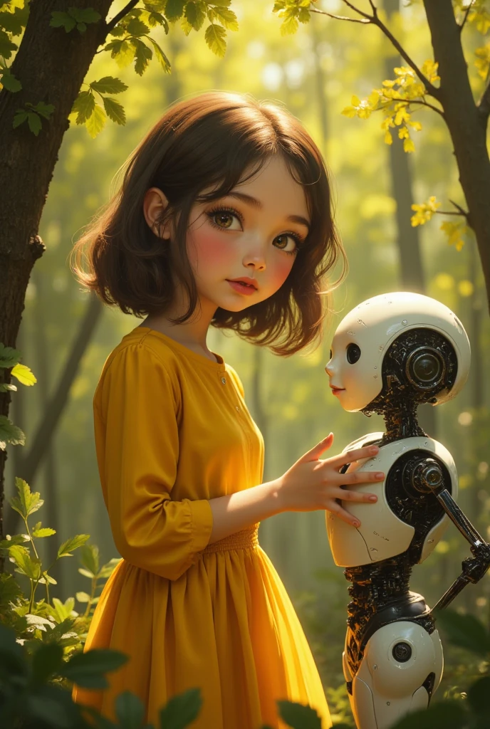 cute yellow woman and robot in forest !! Cute big eyes ! !, highly detailed, perfect composition, digital painting, artstation, concept art, smooth, sharp focus, illustration, Carne Griffiths, pixar, Victo ngai, Jean Baptiste Monge, dramatic lighting