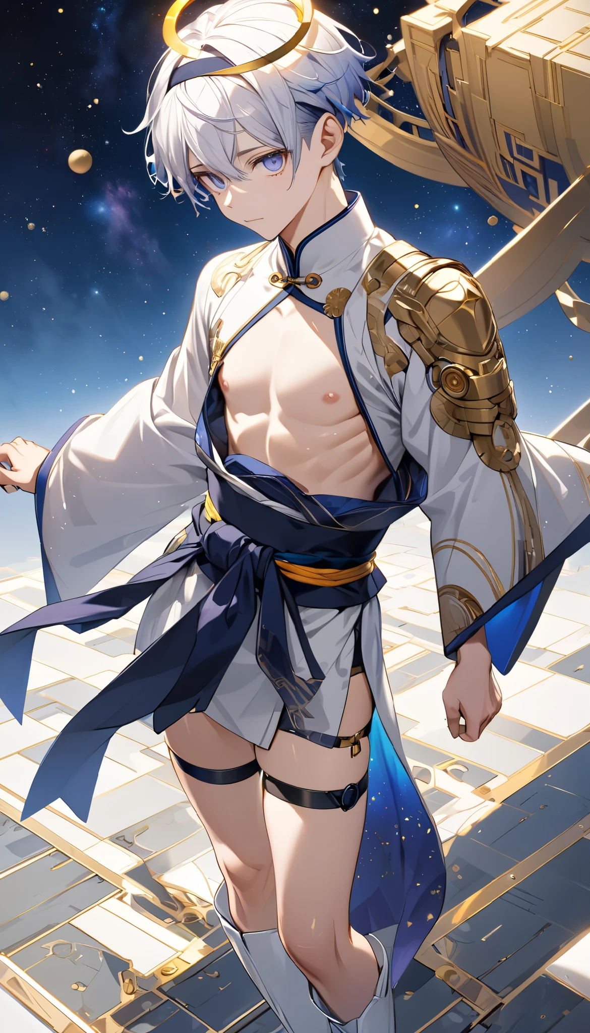 Fresh illustration,
Ultra-fine drawing,
Very delicate illustration,
Very fine details,
One boy,
Full body,
Standing motionless,
Both arms slightly bald,
Height 158cm,
Fair skin,
Right eye is purple,
Left eye is blue,
Odd eyes,
Heterochromie iris,
Beautiful eyes,
Large black pupils,
Short hair,
Blue roots and white hair elsewhere,
Hair with a gradient,
Shiny hair,
Cute face,
Pretty face,
A shining angel halo on the back of the head,
Raised eyebrows,
Upper body in kimono,
Upper body in traditional Japanese clothing,
Masculine build,
Six pack,
Very small breasts,
No breasts,
Lower body in Chinese dress,
Black obi,
Overall white clothes,
Tastefully embroidered with gold thread ,
Clothes with a high-quality texture,
Jock straps,
Thigh straps,
Thigh straps digging into the skin,
White long boots,
Japanese-style toes,
Number of fingers and toes: 5,
Thin waist,
Thin legs,
Isometric,
Golden ratio,
Divine atmosphere,
Wearing an indigo-colored stand-up collared inner,
Outer space,
Galaxy,
Countless small stars,
Tactical use of shadows,
Hairbands on head and hair do not extend beyond the frame,
Clothes do not extend beyond the frame,