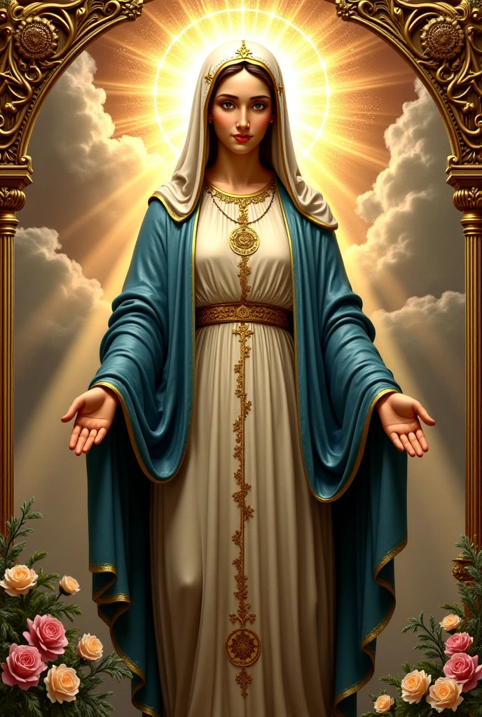 "Create an image of the Virgin Mary with a serene and maternal expression. She should be wearing a blue and white cloak, symbolizing purity and protection. The background can be a heavenly environment with a soft, golden light, highlighting her figure. Her expression should convey calm and compassion, and around her there can be small details such as flowers or stars to accentuate the divine atmosphere."