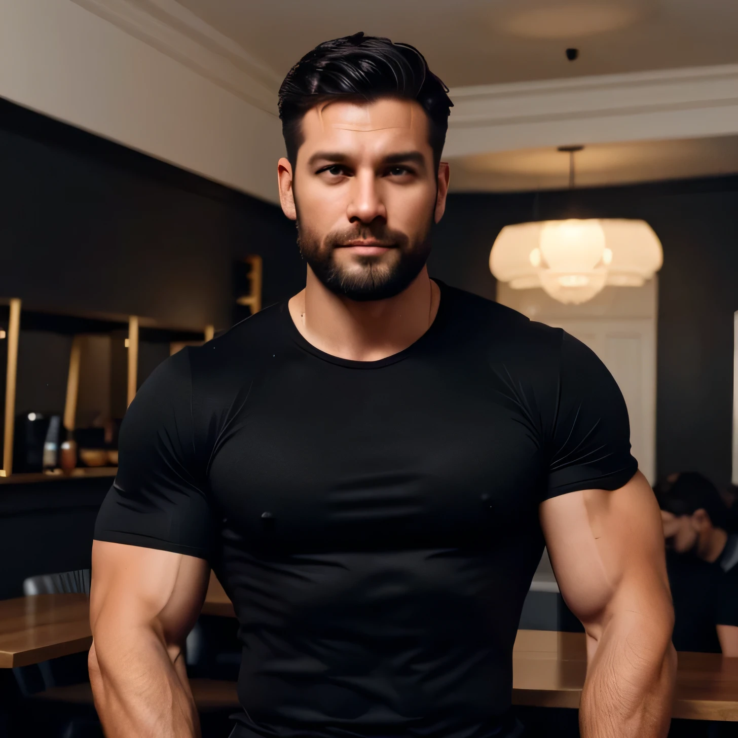 personal trainer homem, thin, muscular, Wearing a tight black t-shirt, and he wears dark jeans , straight black hair , thin beard, fair skin , in a cafe.