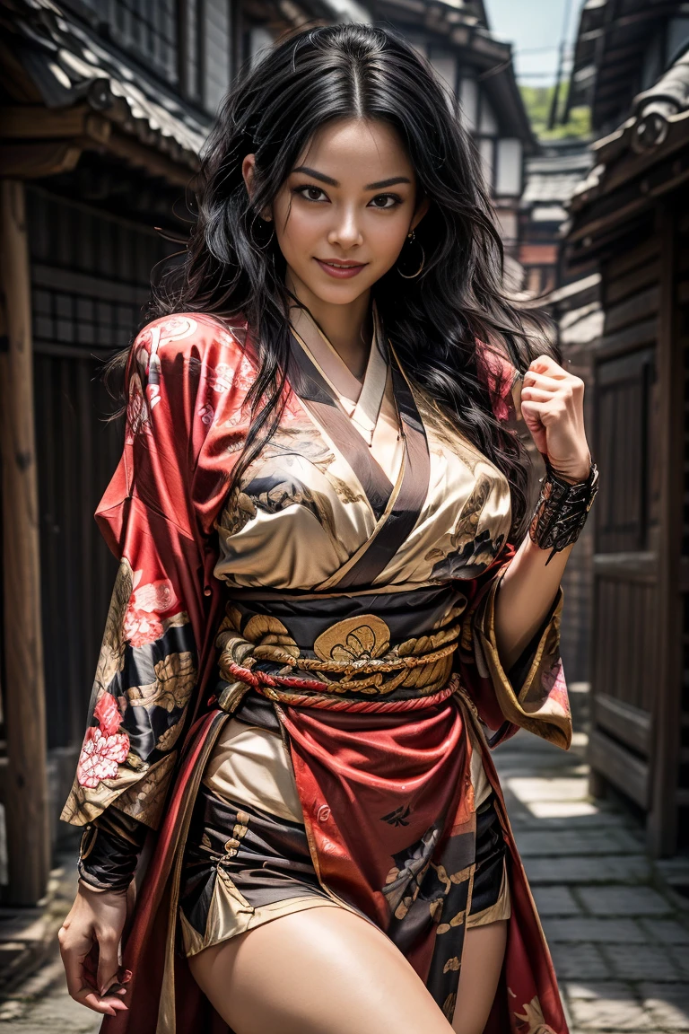  a sexy mature female character wearing armor as a Assassin from the sengoku period 、((mature Assassin female with a sharp Japanese sword:1.3, Fight:1.2)), beautiful and aesthetic, cute and sexy beauty, perfect style:1.2,((ties up long black hair hair))、((onyx black hair))、((toned body))、(glistening skin)、((beautiful breasts 1.3))、 plump breasts 、 plump thighs 、( A sexy female character wearing a black and red kimono armor )、(embarrassing smile, The expression on your face when you feel intense caress, Facial expression when feeling pleasure), (Wearing a  Sengoku uniform:1.1, ),  Super high resolution and realistic touch 、 ((dynamic fighting pose))、((dynamic pose))、 Strong yet elegant atmosphere ,A dynamic pose is depicted in detail、、Take a pose in the streets of the Sengoku period,hissatu