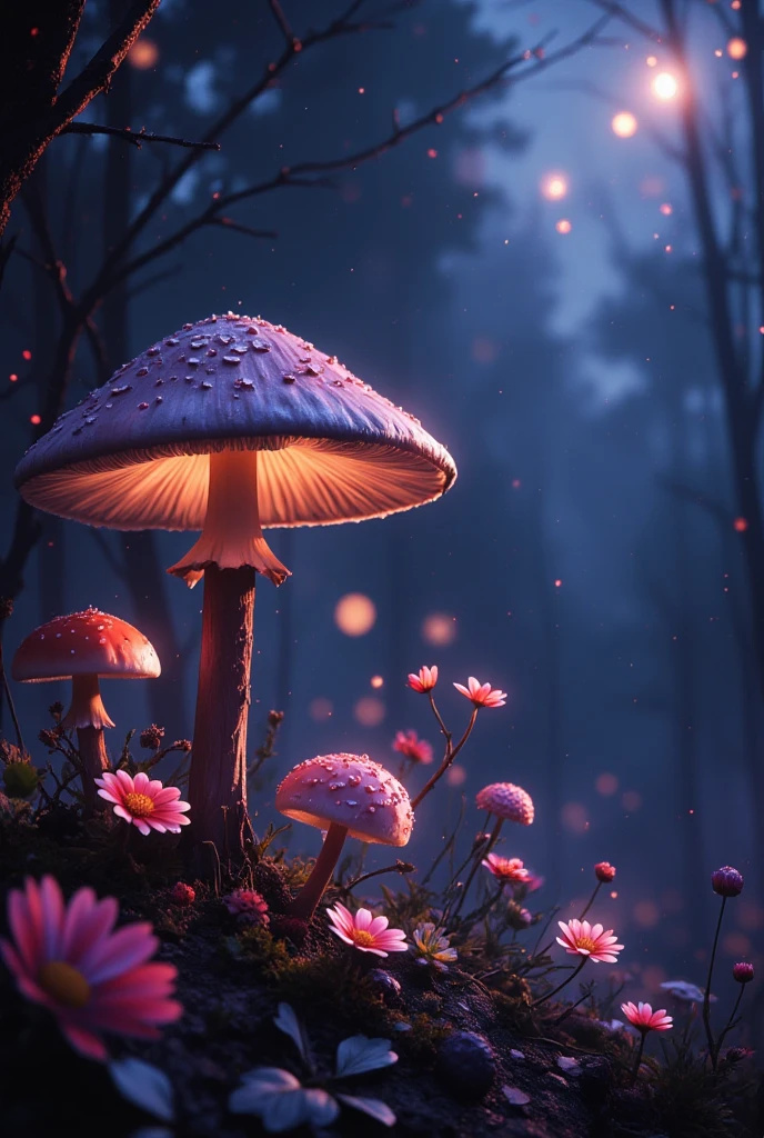 mushrooms and flowers, ultra detailed artistic photography, midnight aura, night sky, dreamy, glowing, backlit, glamour, glimmer, shadows, oil on canvas, brush strokes, smooth, ultra high definition, 8k, unreal engine 5, ultra sharp focus, art by alberto seveso, artgerm, loish, sf, intricate artwork masterpiece, ominous, matte painting movie poster, golden ratio, trending on cgsociety, intricate, epic, trending on artstation, by artgerm, h. r. giger and beksinski, highly detailed, vibrant, production cinematic character render, ultra high quality model