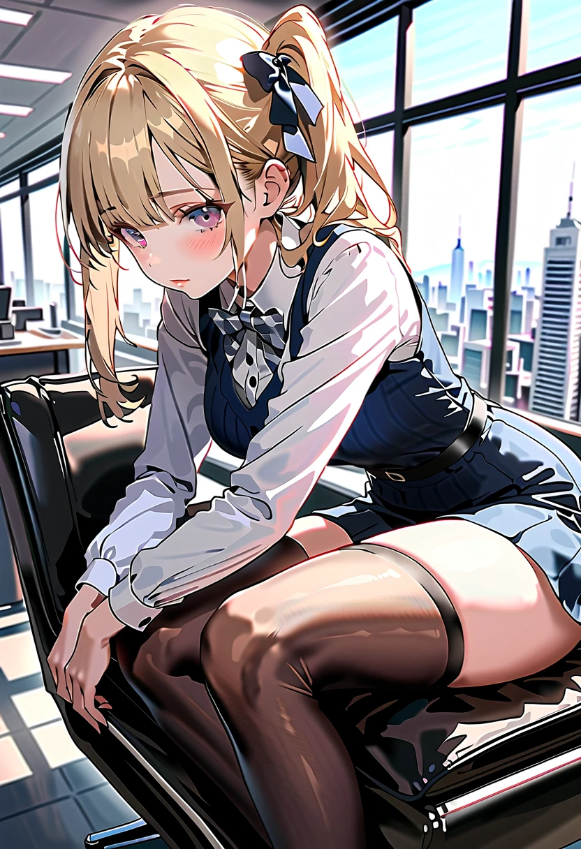  young beautiful woman、 office workers, Reception, (White and grey checked vest:1.2) ( Navy Pencil Skirt )  bow tie,  slender woman , Blonde/brown hair,bangs, Sexual excitement face, (masterpiece:1.2)  delicate illustration,  very detailed, Big Break ( modern office interior with foot chair), Cityscape of windows,  pantyhose、 detailed background、 The vest button is off、 top quality ,Small Ass、 Big Breasts 、 feet 、 panties、nsfw, (Showing off  panties)、Sweaty crotch、 Steam coming out of her crotch 、Foreplay,69 pose、 men do cunnilingus to women、 man licks my pussy, woman licks man's penis 