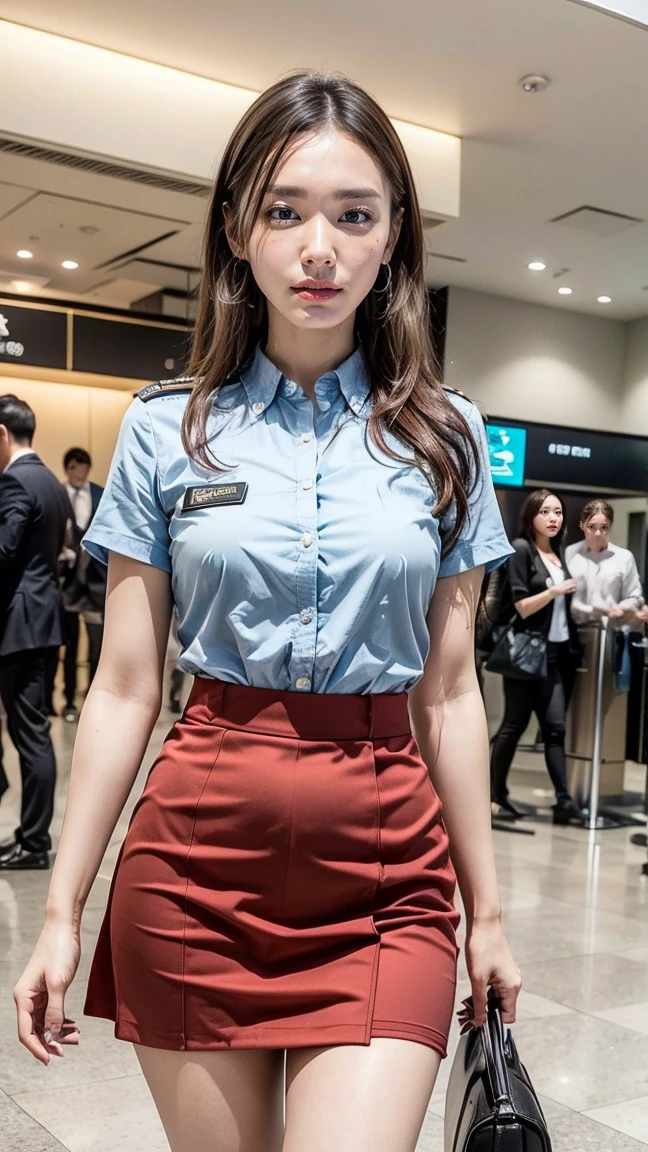 A beautiful, 24-year-old Japanese woman with perfect anatomy, healthy thighs, beautiful legs, beautiful skin, random hair color and style, large breasts, (wearing a flight attendant uniform with a mini-skirt:1.3), (she is standing:1.2), full body shot, pumps, carrying a suitcase, at the airport, (best quality,4k,8k,highres,masterpiece:1.3),(extremely detailed:1.2),realistic,photorealistic,photo-realistic:1.37,professional,vivid colors, studio lighting, Yui Aragaki