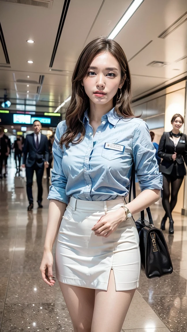 A beautiful, 24-year-old Japanese woman with perfect anatomy, healthy thighs, beautiful legs, beautiful skin, random hair color and style, large breasts, (wearing a flight attendant uniform with a mini-skirt:1.3), (she is standing:1.2), full body shot, pumps, carrying a suitcase, at the airport, (best quality,4k,8k,highres,masterpiece:1.3),(extremely detailed:1.2),realistic,photorealistic,photo-realistic:1.37,professional,vivid colors, studio lighting, Yui Aragaki