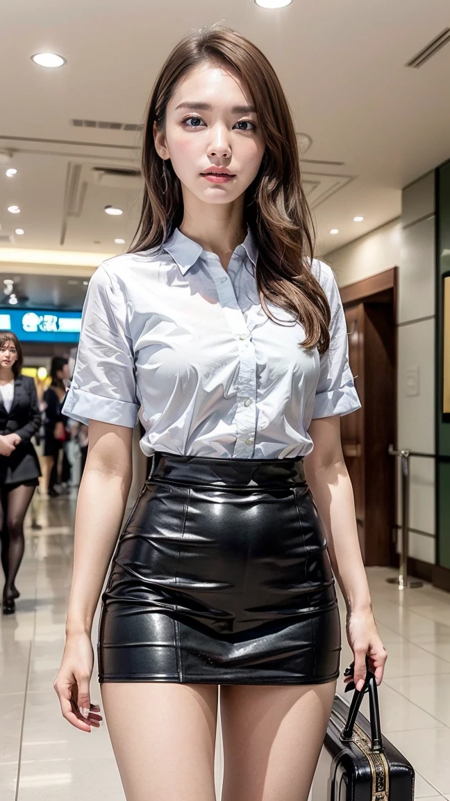 A beautiful, 24-year-old Japanese woman with perfect anatomy, healthy thighs, beautiful legs, beautiful skin, random hair color and style, large breasts, (wearing a flight attendant uniform with a mini-skirt:1.3), (she is standing:1.2), full body shot, pumps, carrying a suitcase, at the airport, (best quality,4k,8k,highres,masterpiece:1.3),(extremely detailed:1.2),realistic,photorealistic,photo-realistic:1.37,professional,vivid colors, studio lighting, Yui Aragaki