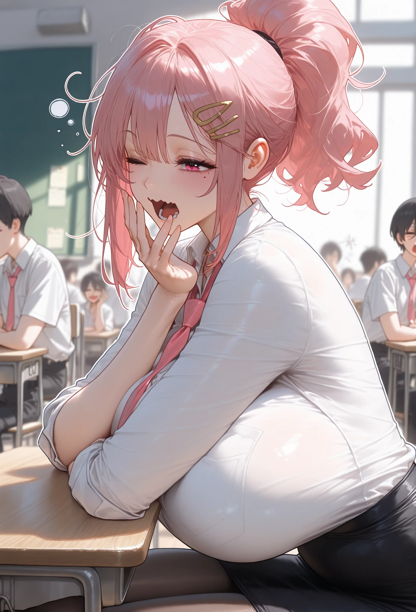 (masterpiece, high resolution, 2k resolution, best quality), (1girl, perfect anatomy, perfect face),
((pink hair), short hair, triangle hair clip), (pink eyes, perfect eyes),
white button shirt, pink tie, Tube skirt, Knee length pantyhose), Narrow shoulders,
((sitting, looking foward, side view, Arms on the table, one hand under the chin, propped up, classroom, people on the background),
(flushed, light smile, mole under eye, sleepy, one eye closed, yawning, wavy mouth),
(solo, 1girl), huge body, massive chest, mature woman, (white outline, 6px outline width),
(Hands joined on front), long ponytail