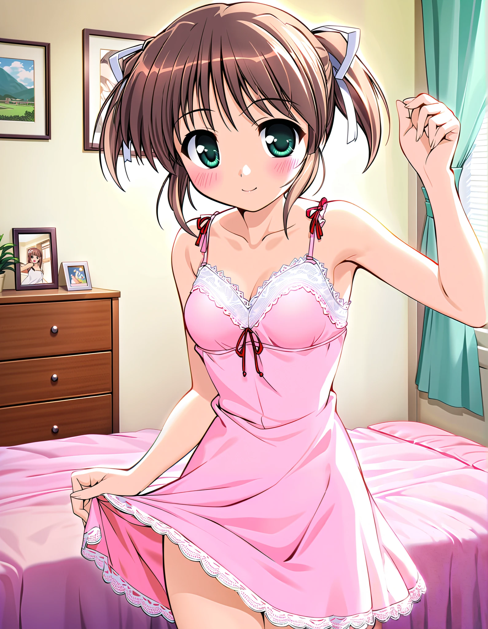 Asagiri Mai, Alone, (cowboy shot),  brown hair ,  short hair,  hair ribbon, twintails,  green eyes,  small breasts, cute lace nightgown,  cute pose, (Red cheeks:1.2),  cleavage, (bright smile:1.1), (bedroom), (Home),  score_9,  score_8_superior,  score_7_superior,  Source_anime, (best quality:1.2), 細部までこだわったanime,  high quality , full color, 8k,  high res