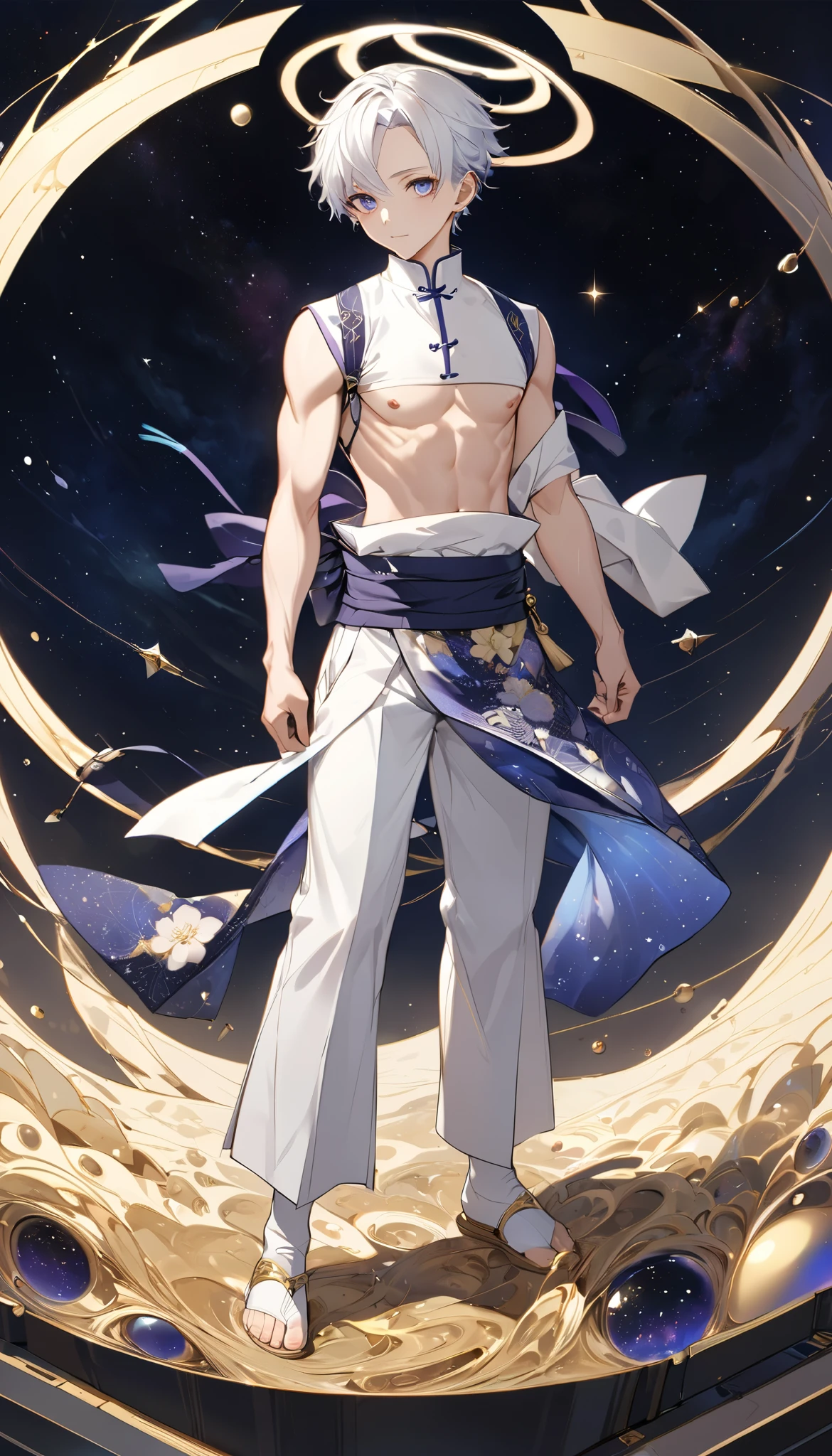 Fresh illustration,
Ultra-fine drawing,
Very delicate illustration,
Very fine details,
One boy,
Full body,
Standing motionless,
Both arms slightly bald,
Height 158cm,
Fair skin,
Right eye is purple,
Left eye is blue,
Odd eyes,
Heterochromie iris,
Beautiful eyes,
Large black pupils,
Short hair,
Blue roots and white hair elsewhere,
Hair with a gradient,
Shiny hair,
Cute face,
Pretty face,
A shining angel halo on the back of the head,
Raised eyebrows,
Upper body in kimono,
Upper body in traditional Japanese clothing,
Masculine build,
Six pack,
Very small breasts,
No breasts,
Lower body in Chinese dress,
Black obi,
Overall white clothes,
Tastefully embroidered with gold thread ,
Clothes with a high-quality texture,
Jock straps,
Thigh straps,
Thigh straps digging into the skin,
White long boots,
Japanese-style toes,
Number of fingers and toes: 5,
Thin waist,
Thin legs,
Isometric,
Golden ratio,
Divine atmosphere,
Wearing an indigo-colored stand-up collared inner,
Outer space,
Galaxy,
Countless small stars,
Tactical use of shadows,
Hairbands on head and hair do not extend beyond the frame,
Clothes do not extend beyond the frame,