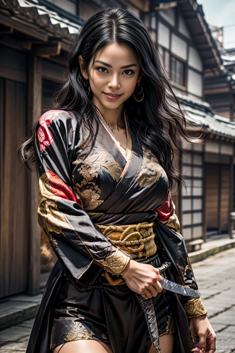  a sexy mature female character wearing armor as a Assassin from the sengoku period 、((mature Assassin female with a sharp Japanese sword:1.3, Fight:1.2)), beautiful and aesthetic, cute and sexy beauty, perfect style:1.2,((ties up long black hair hair))、((onyx black hair))、((toned body))、(glistening skin)、((beautiful breasts 1.3))、 plump breasts 、 plump thighs 、( A sexy female character wearing a black and red kimono armor )、(embarrassing smile, The expression on your face when you feel intense caress, Facial expression when feeling pleasure), (Wearing a  Sengoku uniform:1.1, ),  Super high resolution and realistic touch 、 ((dynamic fighting pose))、((dynamic pose))、 Strong yet elegant atmosphere ,A dynamic pose is depicted in detail、、Take a pose in the streets of the Sengoku period,sigotonin