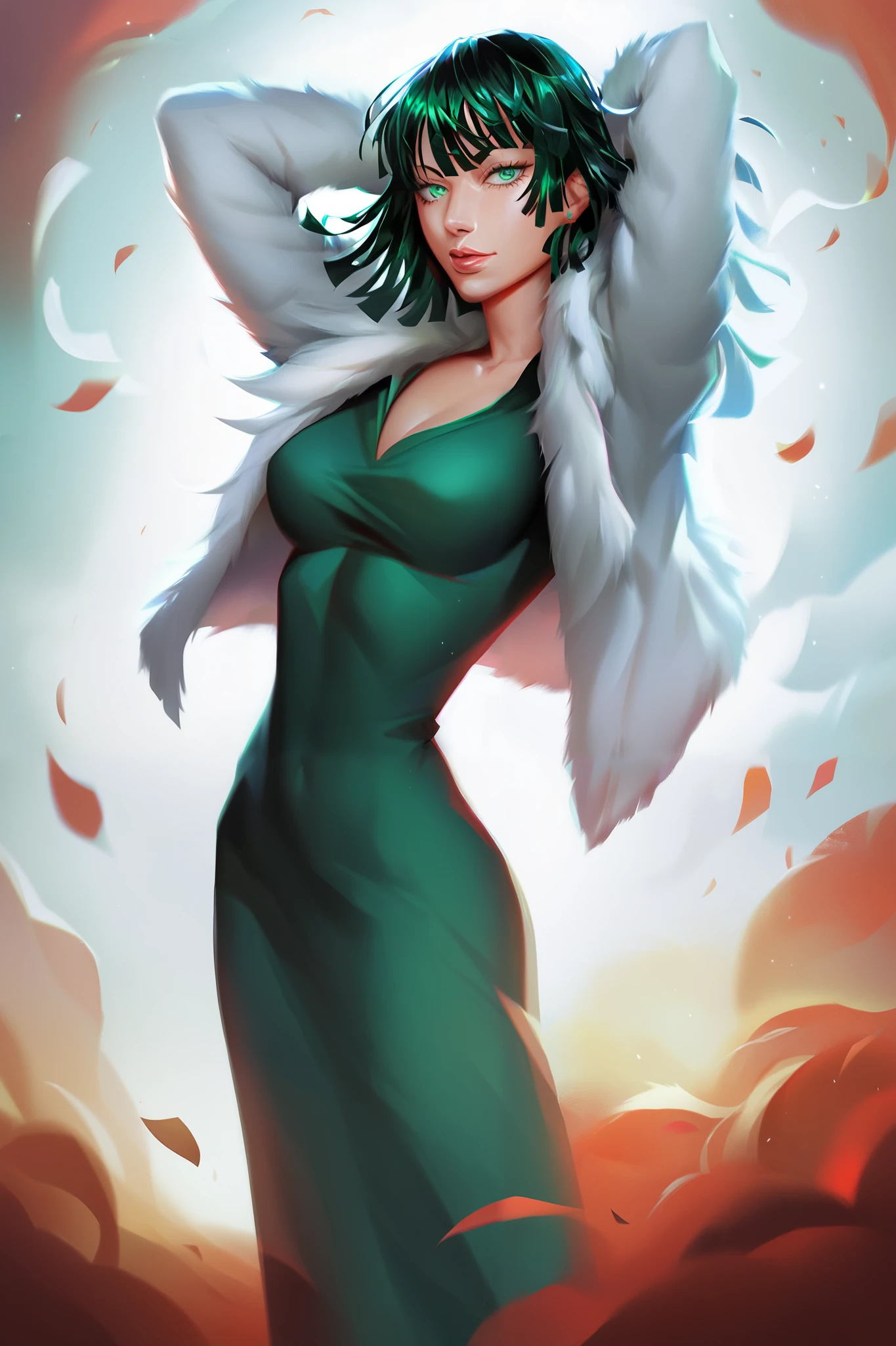 masterpiece,best quality,amazing quality, tudvas, colorful, character design, digital painting, brushstrokes, digital painting, brush texture,
fubuki (one punch man), 1girl, solo, dress, fur coat, green eyes, looking at viewer, upper body, arms behind head,
detailed character, detailed face, detailed skin, detailed hair, detailed clothing,