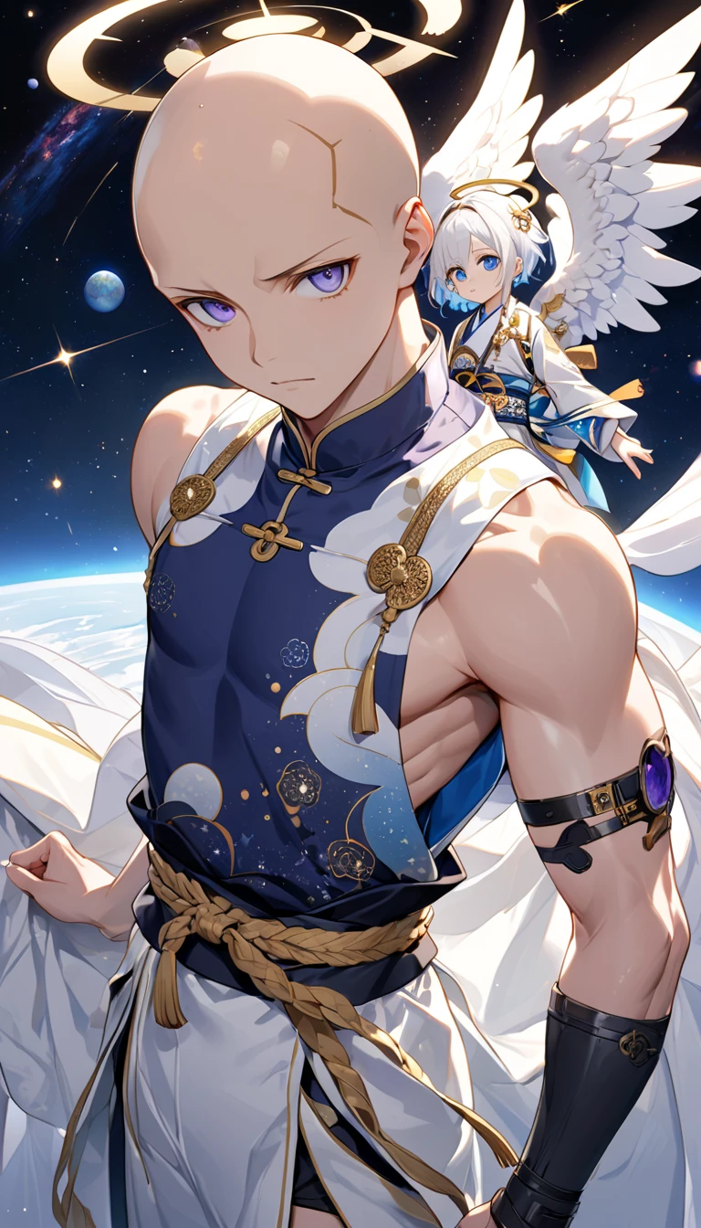 Fresh illustration,
Ultra-fine drawing,
Very delicate illustration,
Very fine details,
One boy,
Full body,
Standing motionless,
Both arms slightly bald,
Height 158cm,
Fair skin,
Right eye is purple,
Left eye is blue,
Odd eyes,
Heterochromie iris,
Beautiful eyes,
Large black pupils,
Short hair,
Blue roots and white hair elsewhere,
Hair with a gradient,
Shiny hair,
Cute face,
Pretty face,
A shining angel halo on the back of the head,
Raised eyebrows,
Upper body in kimono,
Upper body in traditional Japanese clothing,
Masculine build,
Six pack,
Very small breasts,
No breasts,
Lower body in Chinese dress,
Black obi,
Overall white clothes,
Tastefully embroidered with gold thread ,
Clothes with a high-quality texture,
Jock straps,
Thigh straps,
Thigh straps digging into the skin,
White long boots,
Japanese-style toes,
Number of fingers and toes: 5,
Thin waist,
Thin legs,
Isometric,
Golden ratio,
Divine atmosphere,
Wearing an indigo-colored stand-up collared inner,
Outer space,
Galaxy,
Countless small stars,
Tactical use of shadows,
Hairbands on head and hair do not extend beyond the frame,
Clothes do not extend beyond the frame,