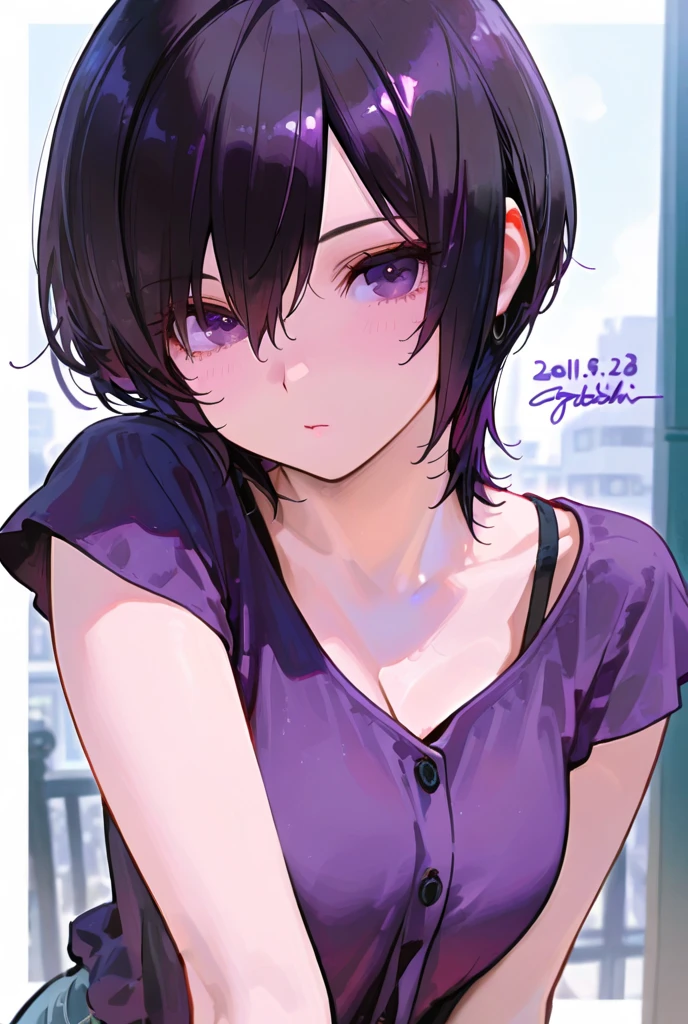  one boyish woman, casual clothes, black hair shortcut,Gradated purple eyes ,