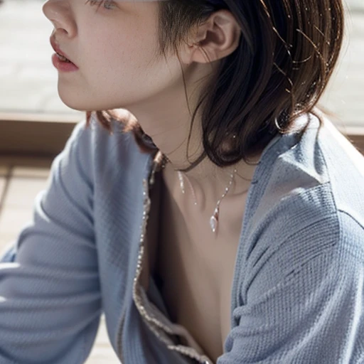 1 girl ,highest quality, Ultra-high resolution, Highly detailed skin, Physically Based Rendering, Small breasts, Flat Chest, Down blouse,(14 year old Japanese student, Decorative fine bra , Overlap short sleeve blouse, Small breasts, Sensual ),Sitting, Crouching on the train, short hair, necklace ,close,From top left ,Focus on the chest ,High brightness