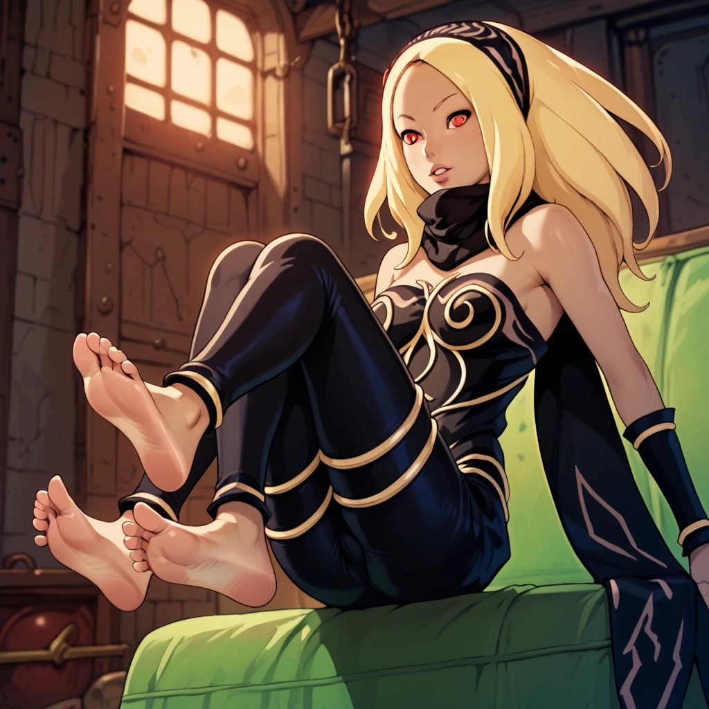 score_9, score_8_up, score_7_up, score_6_up, score_5_up, score_4_up, source_anime, , zero gravity, 
 kat \(gravity rush\), katoutfit, blonde hair, black headband, long hair, sidelocks, red eyes, black scarf, bodysuit, detached sleeves,reiq,barefoot,feet,soles