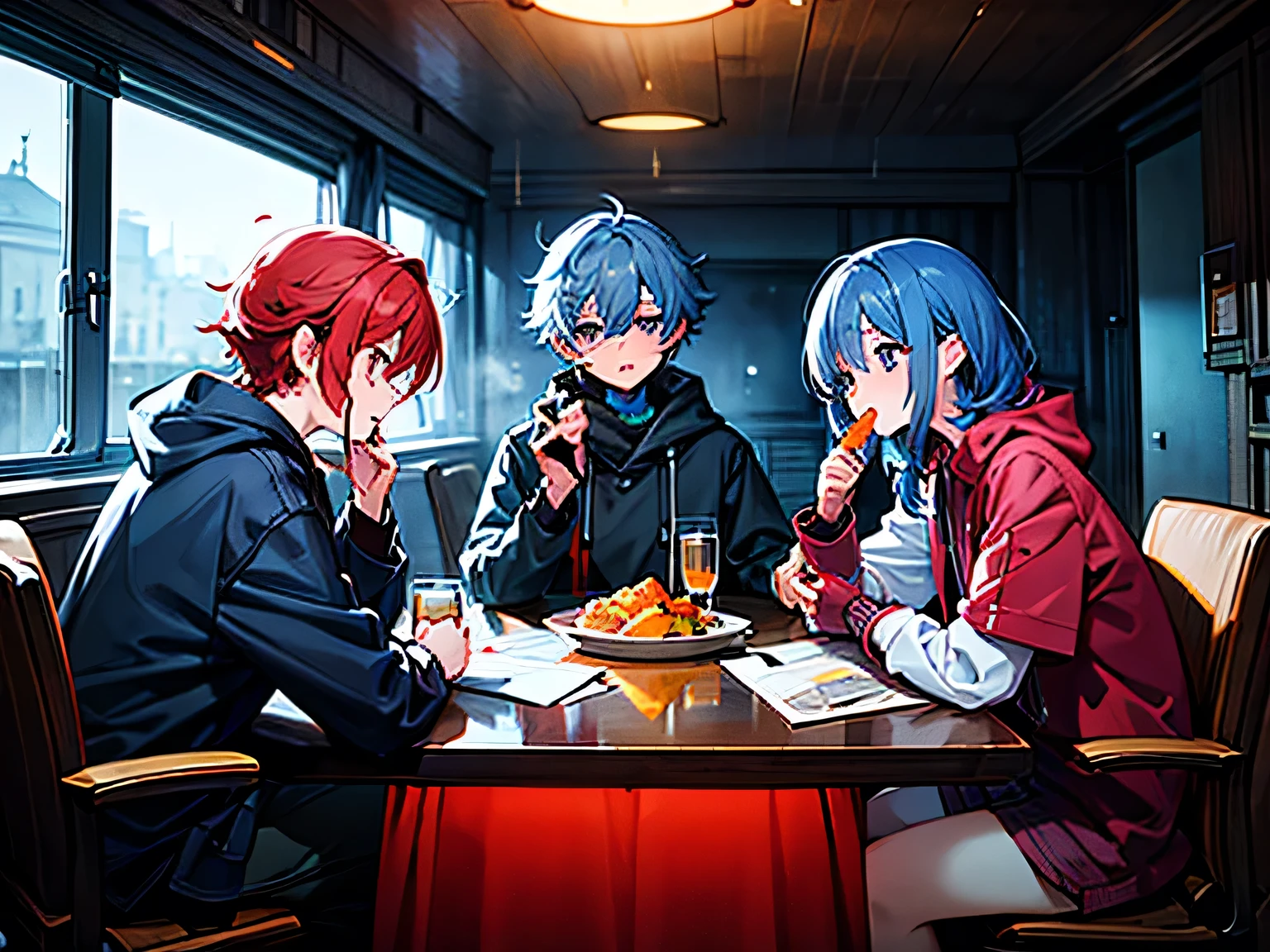 3 people、They are eating gracefully、 red hair、Blue Hair、Gray Hair、male、 dark atmosphere