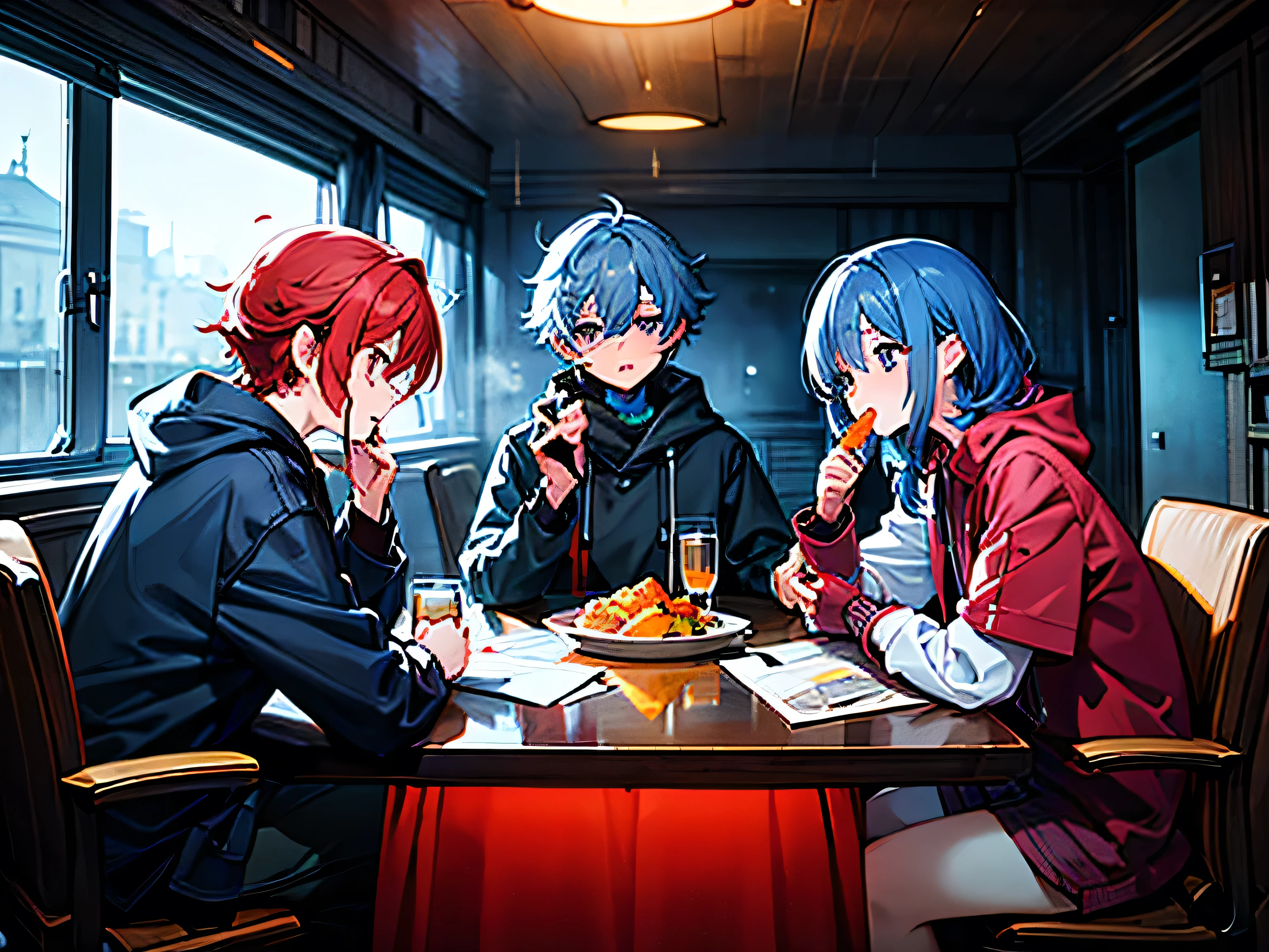 3 people、They are eating gracefully、 red hair、Blue Hair、Gray Hair、male、 dark atmosphere