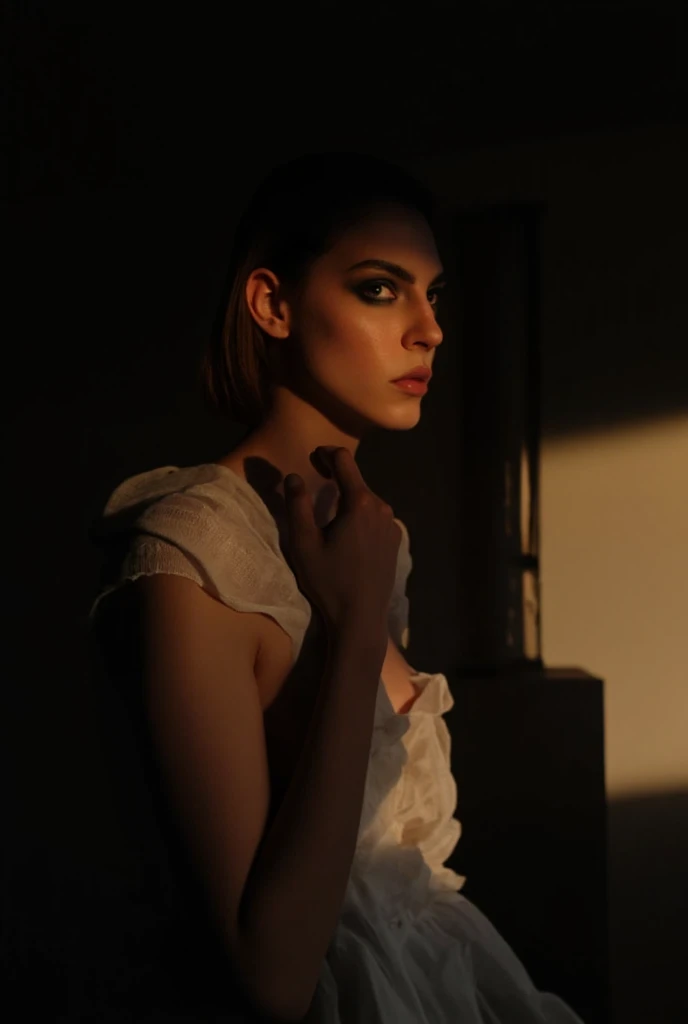 Phenomenal photographic portrait in the ruins. , canon 3.5mm, f1.6, of an average, very slim and Spanish, ethereal woman about looking into the camera. Her face is partially lit and her gaze on the viewer is full of tension. There is semi-darkness, but sunlight enters the room and illuminates the right side of her face. The light is found, low key, set to a wide F1.5 aperture, .  Rays of light, strong chiaroscuro, rembrandt light