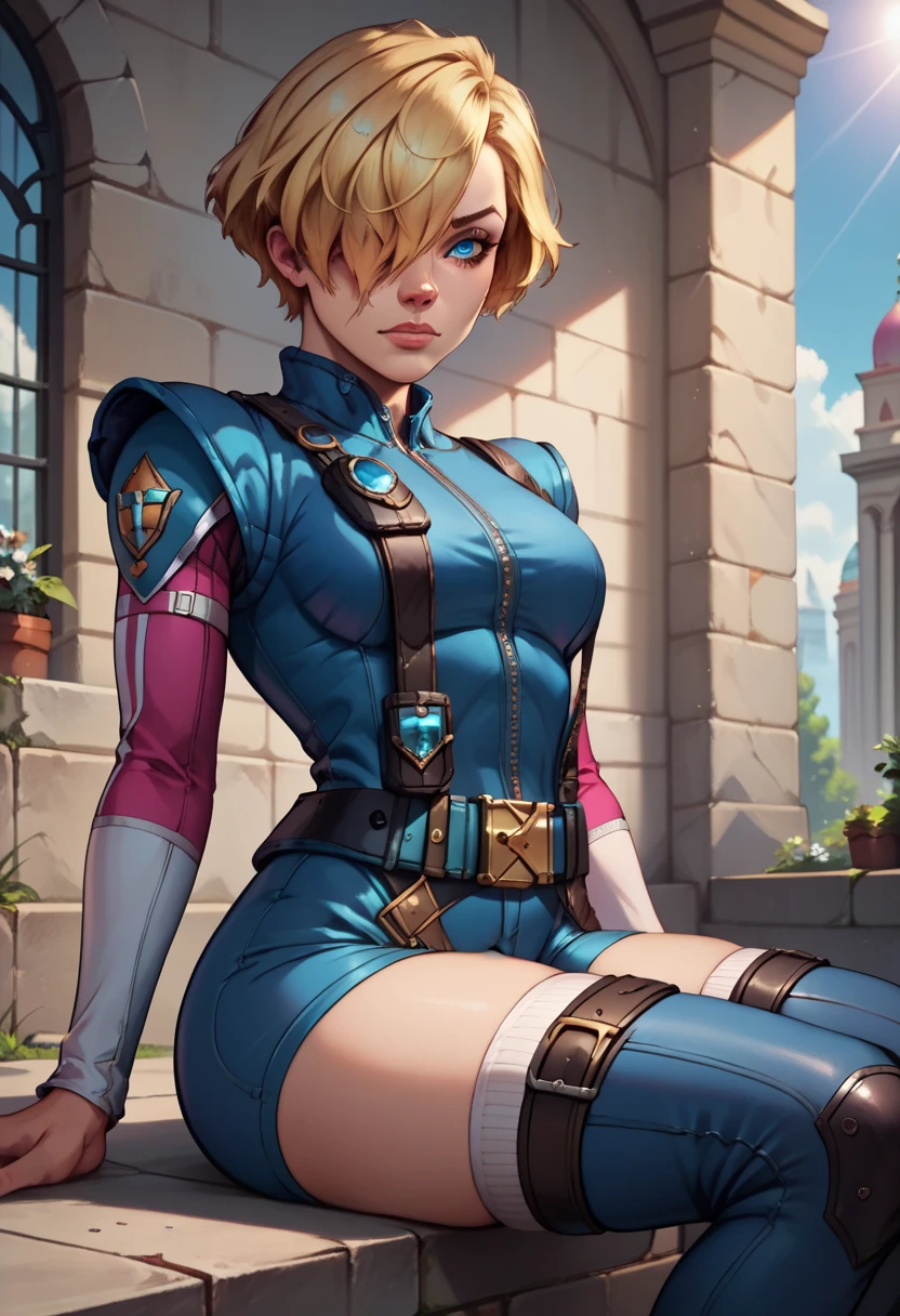 (masterpiece, best quality, 4k, aesthetic, detailed, intricate),outside,sunlight,sitting, sportkhth, thighhighs,1girl, madonna garnet, blonde hair, blue eyes, short hair, hair over one eye,  blue coveralls, belt,